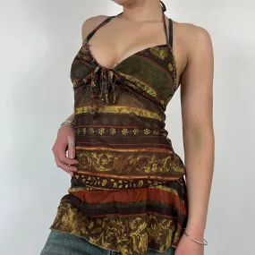 90s paisley sequin beaded halter neck dress top - Size S