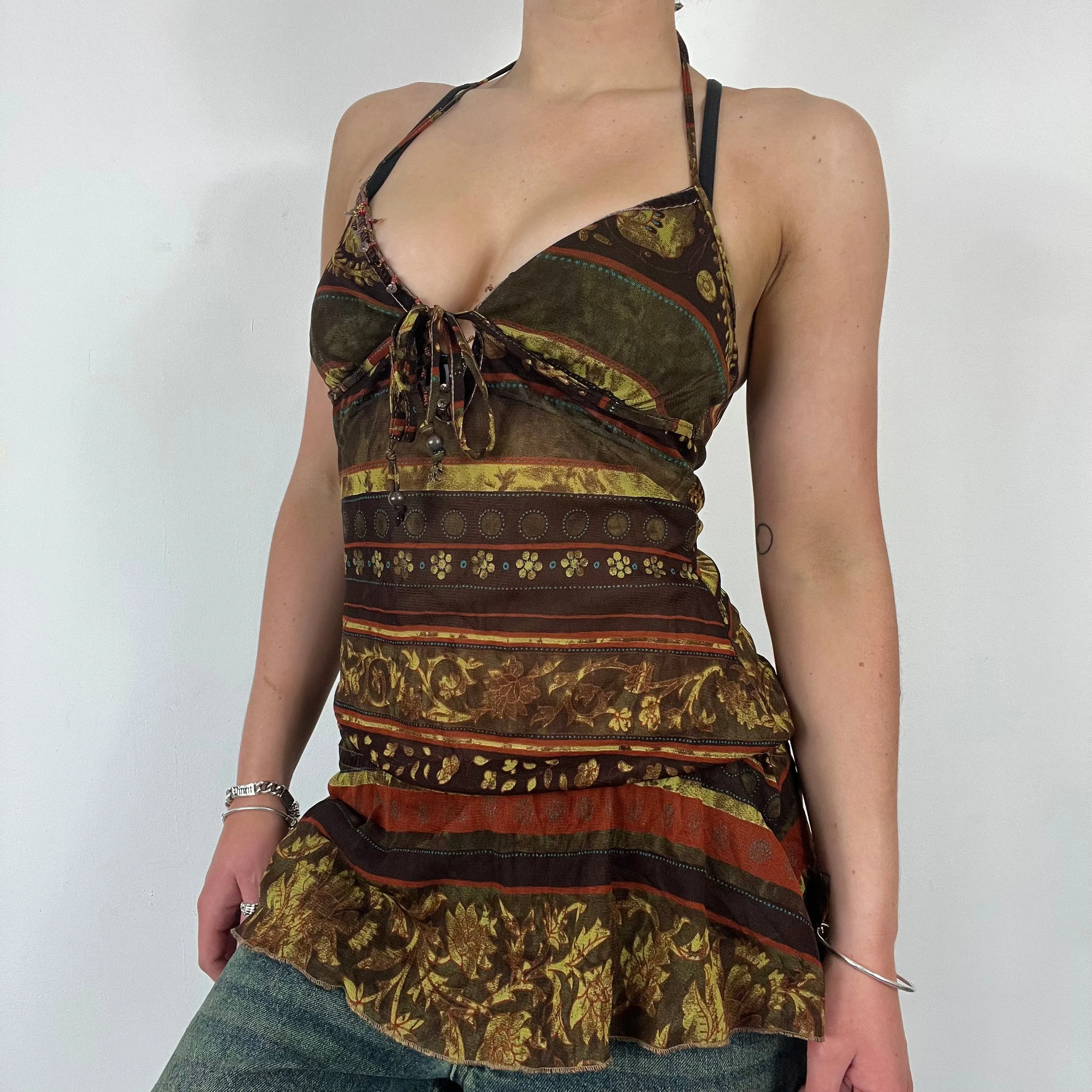 90s paisley sequin beaded halter neck dress top - Size S
