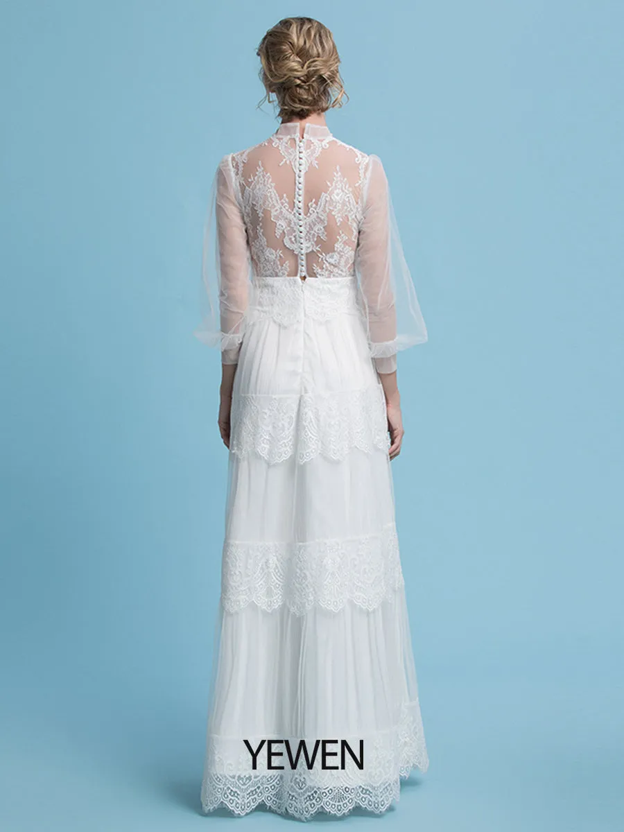 A-Line Bohemian Wedding Dresses High Neck Floor Length Tulle Lace Beach Boho Illusion with Long Sleeves