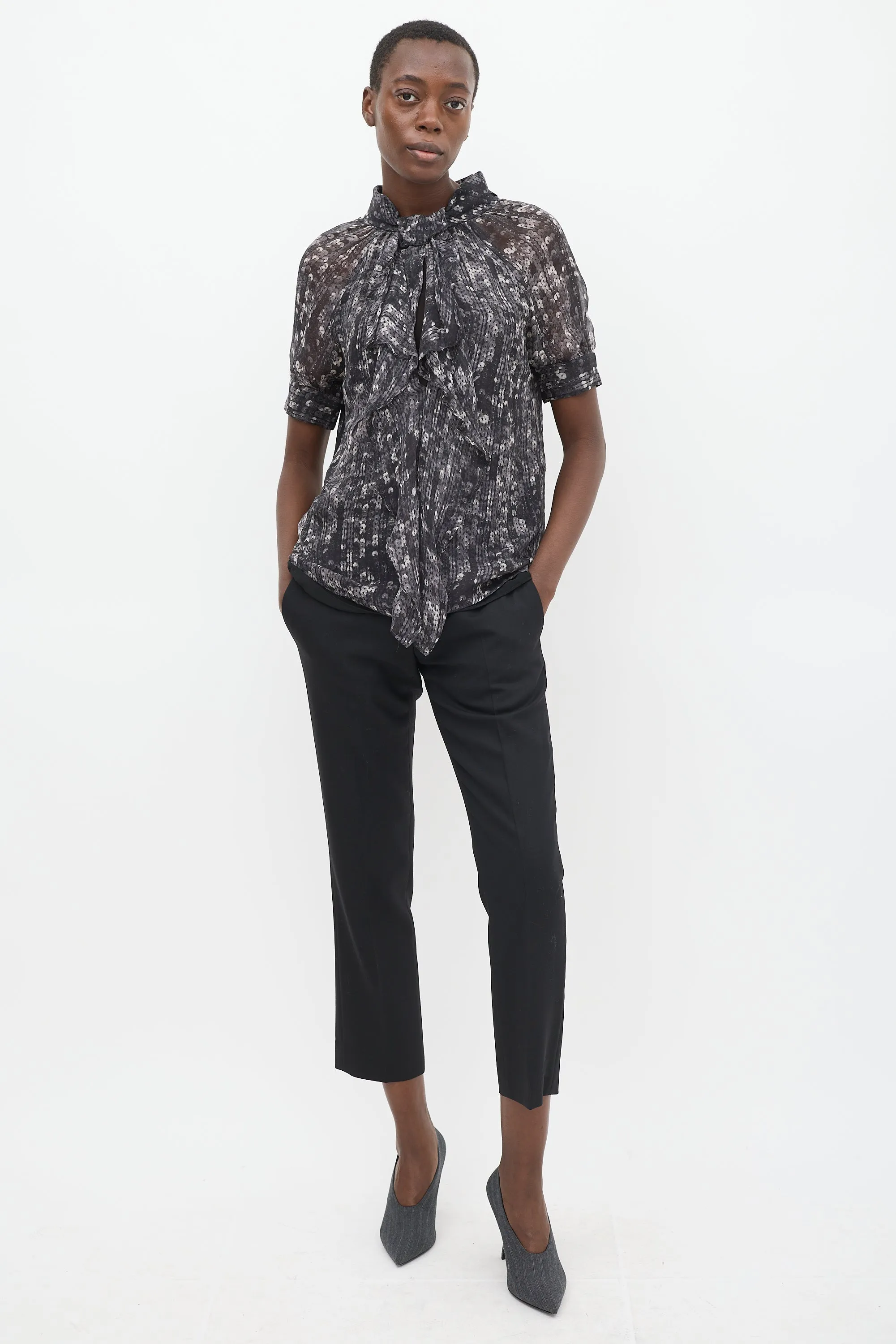Black & Grey Printed Drape Front Top