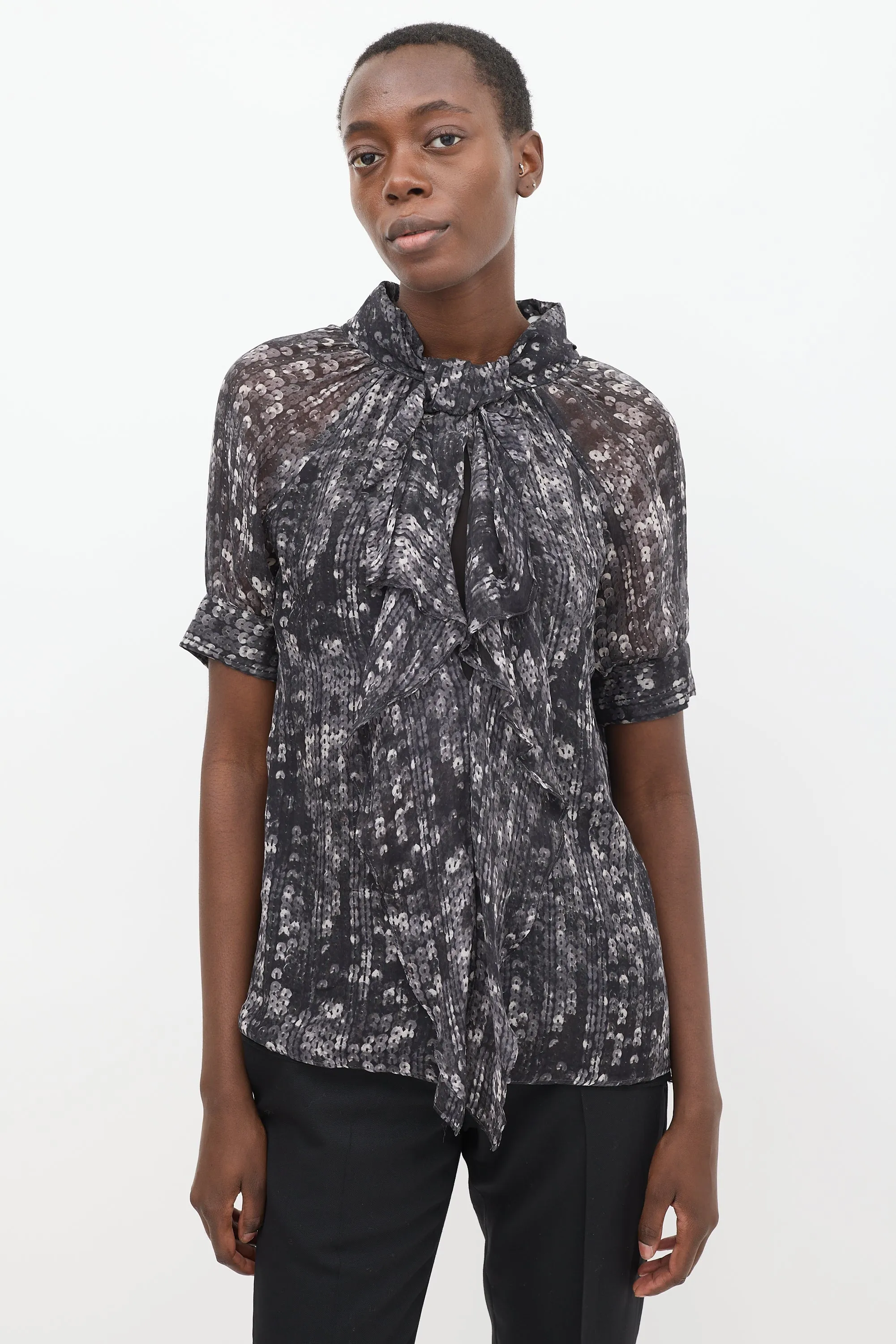 Black & Grey Printed Drape Front Top