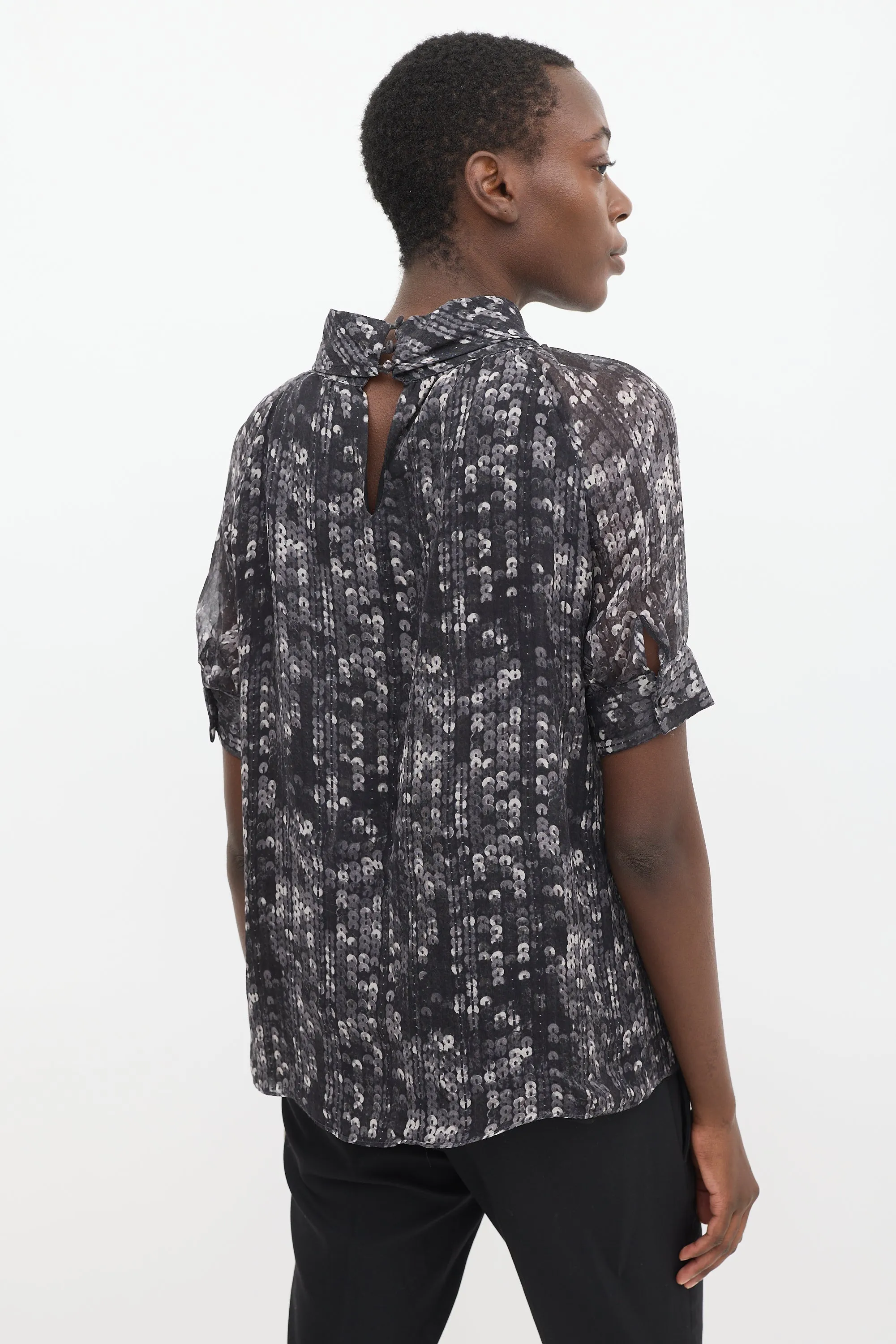 Black & Grey Printed Drape Front Top