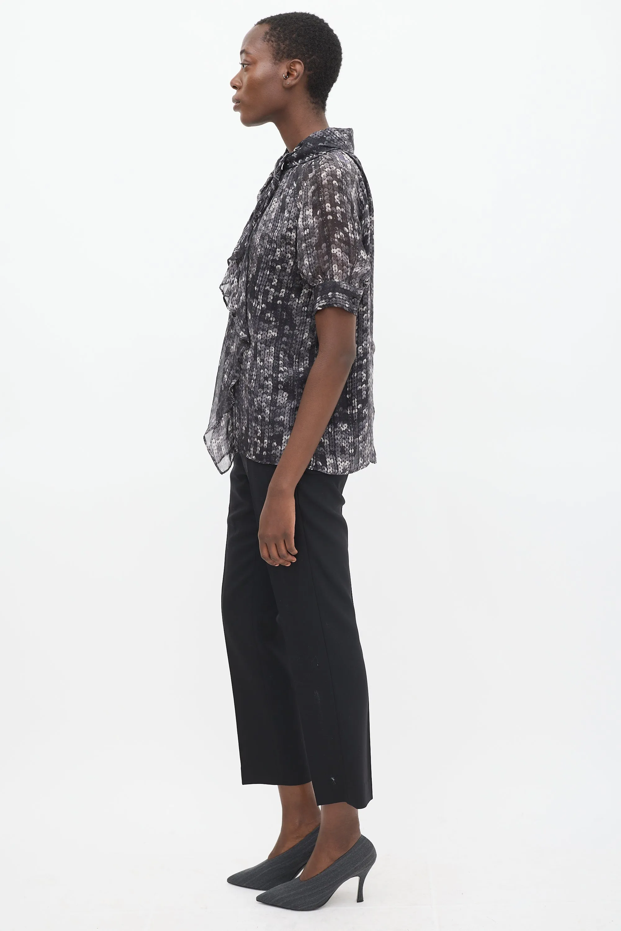 Black & Grey Printed Drape Front Top