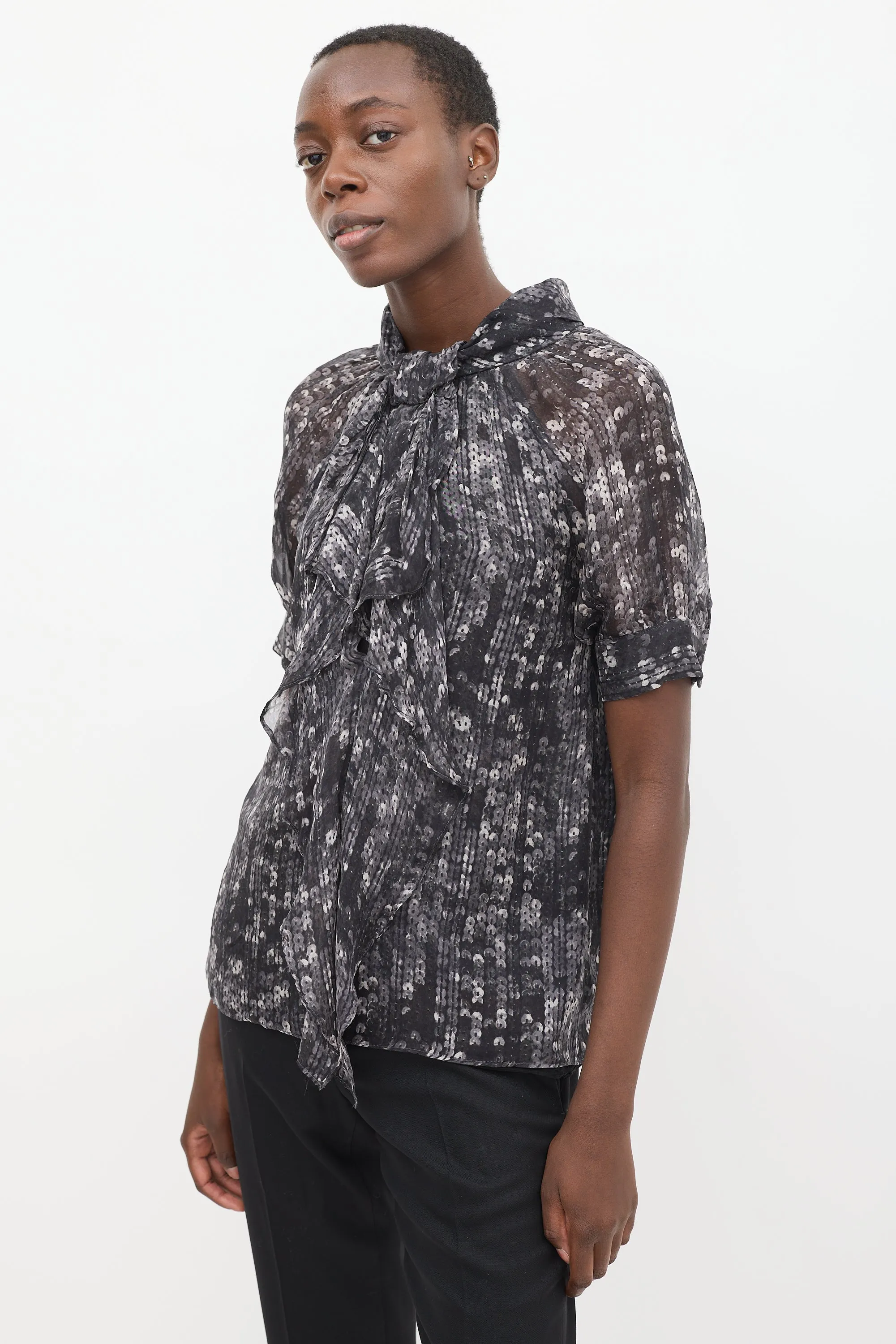 Black & Grey Printed Drape Front Top