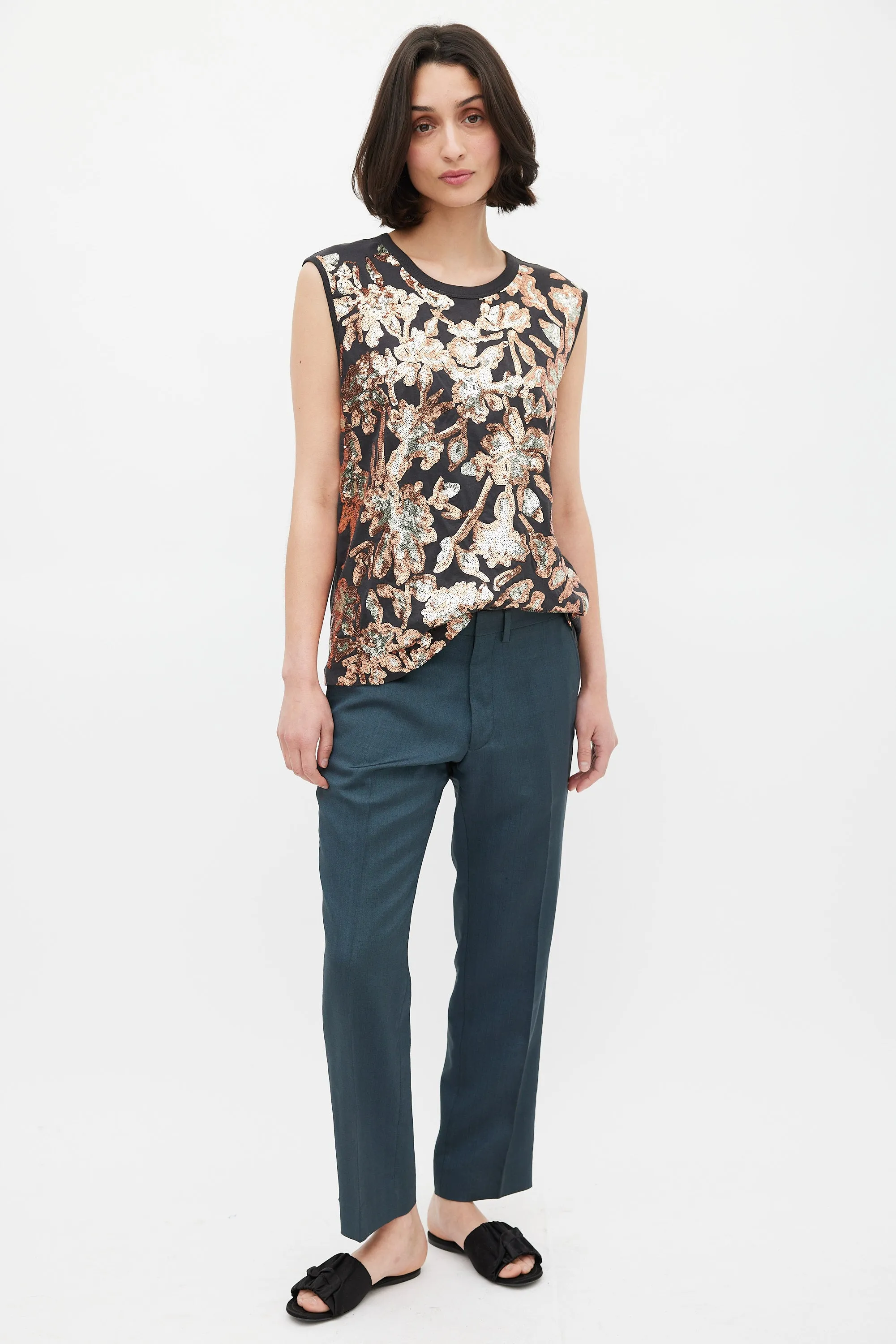 Black & Multicolour Floral Sequin Tank Top