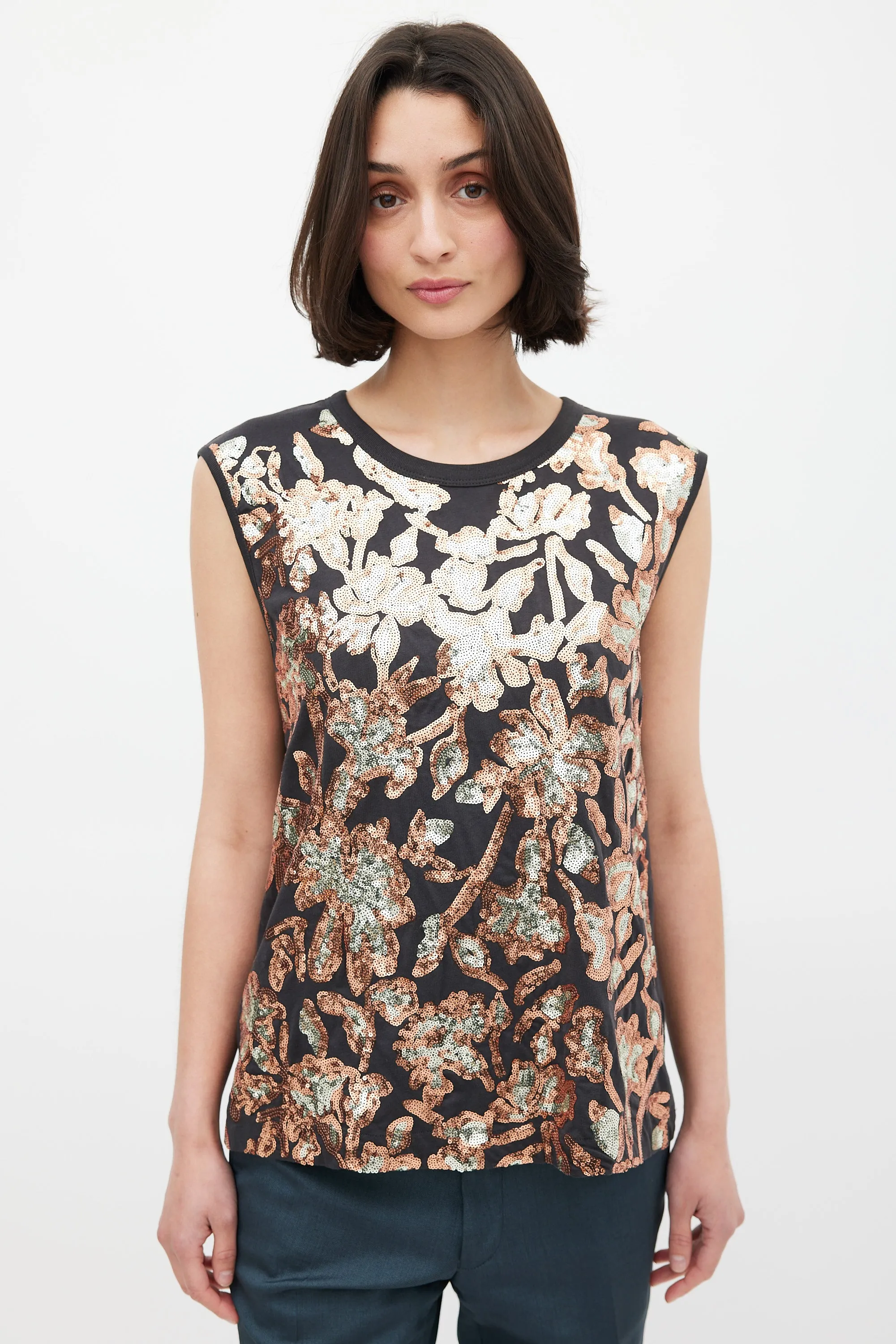 Black & Multicolour Floral Sequin Tank Top