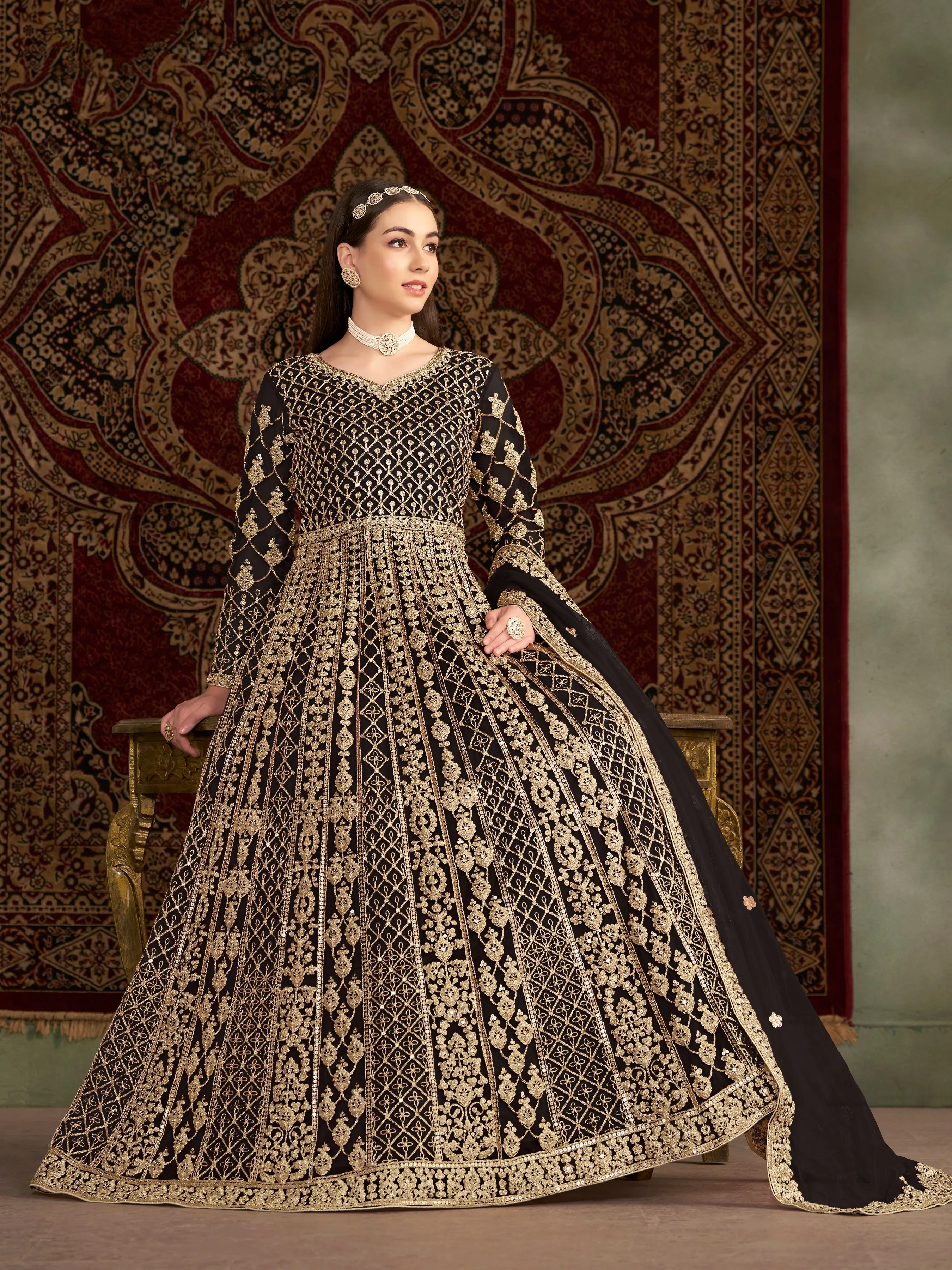 Black Colour Pure Soft Net Silk Long Floor Length Embroidered Work Readymade Gown