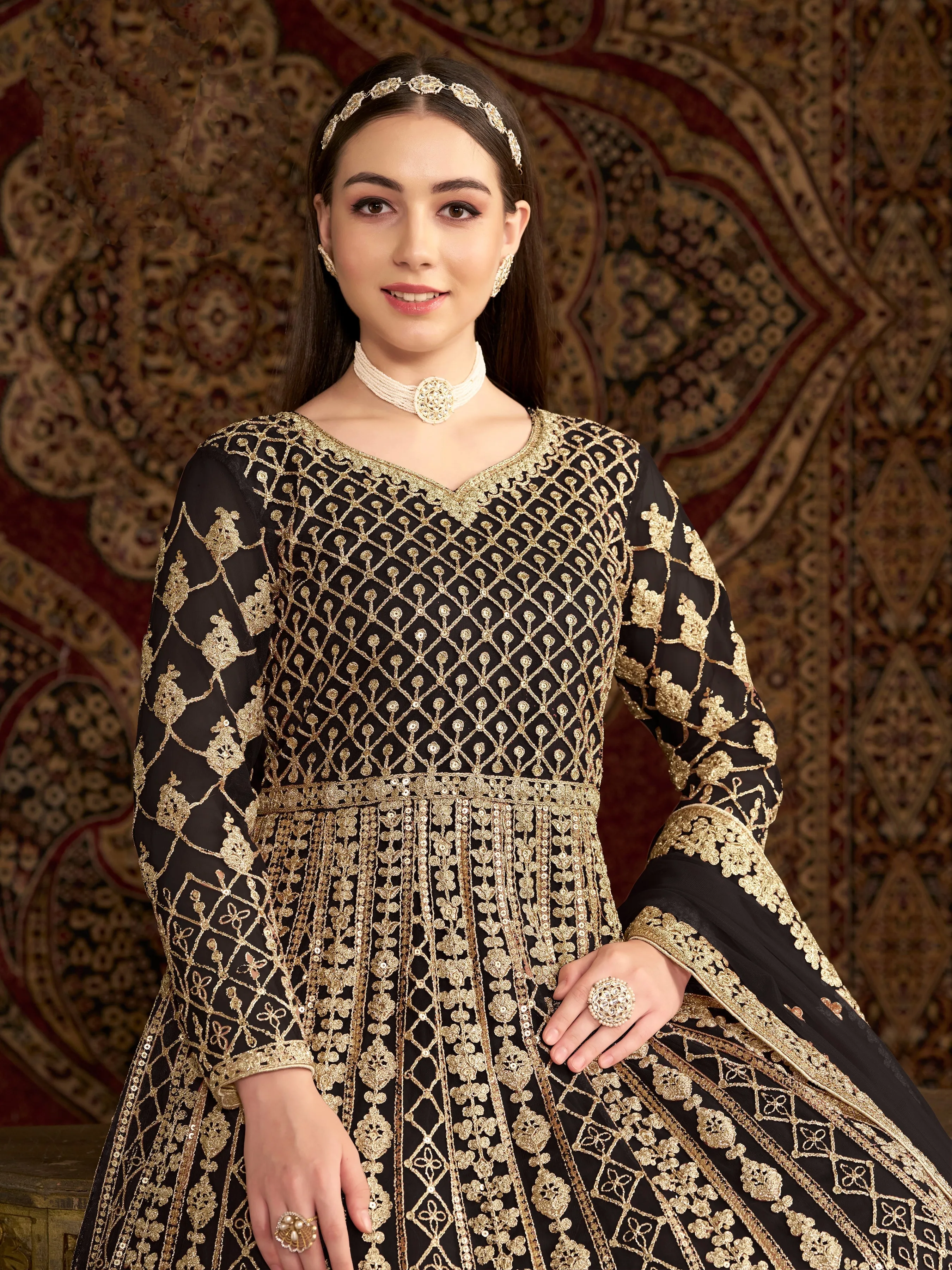 Black Colour Pure Soft Net Silk Long Floor Length Embroidered Work Readymade Gown