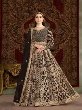 Black Colour Pure Soft Net Silk Long Floor Length Embroidered Work Readymade Gown
