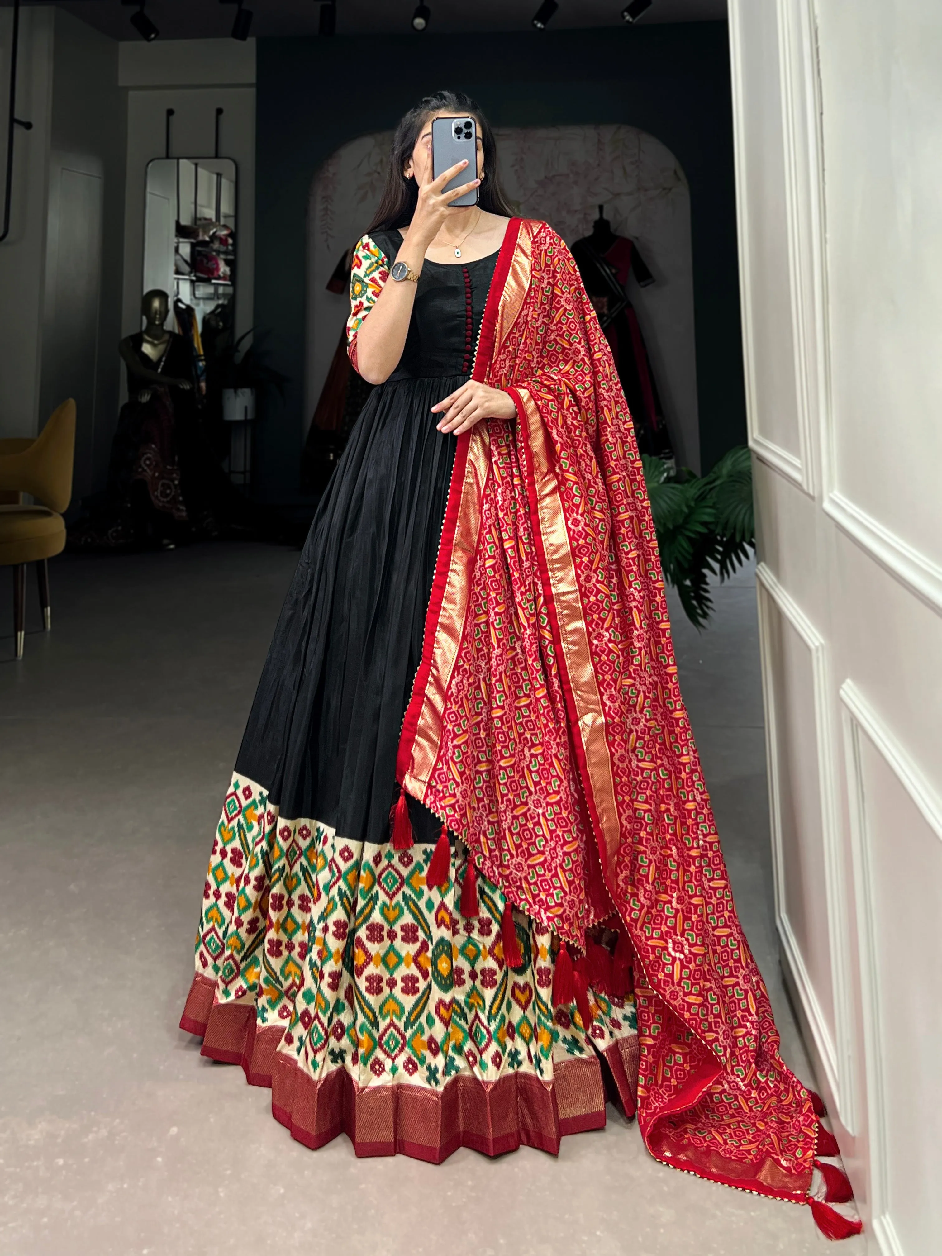 Black Pure Dola Silk Long Floor Length Printed With Foilwork Readymade Gown