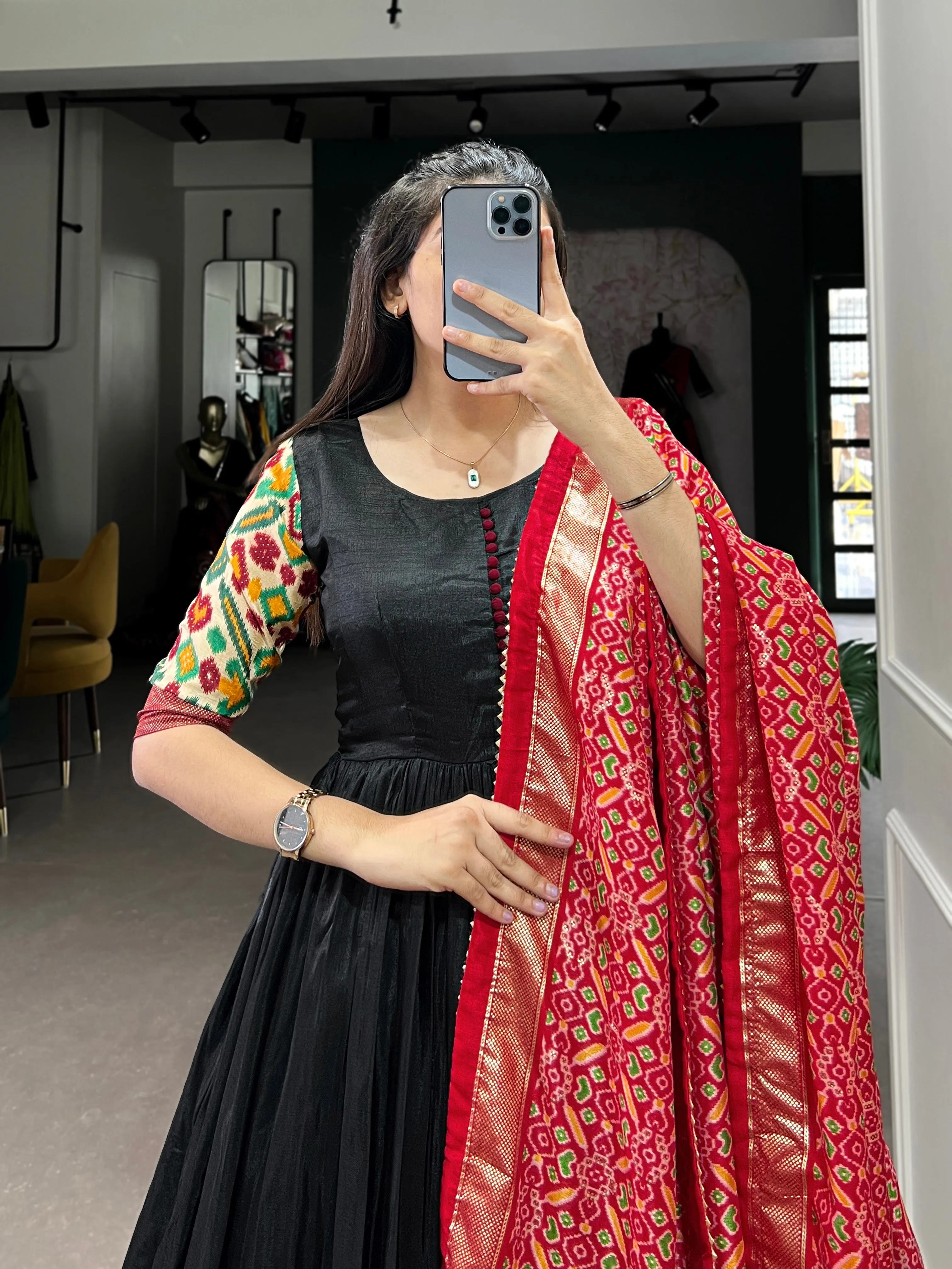 Black Pure Dola Silk Long Floor Length Printed With Foilwork Readymade Gown