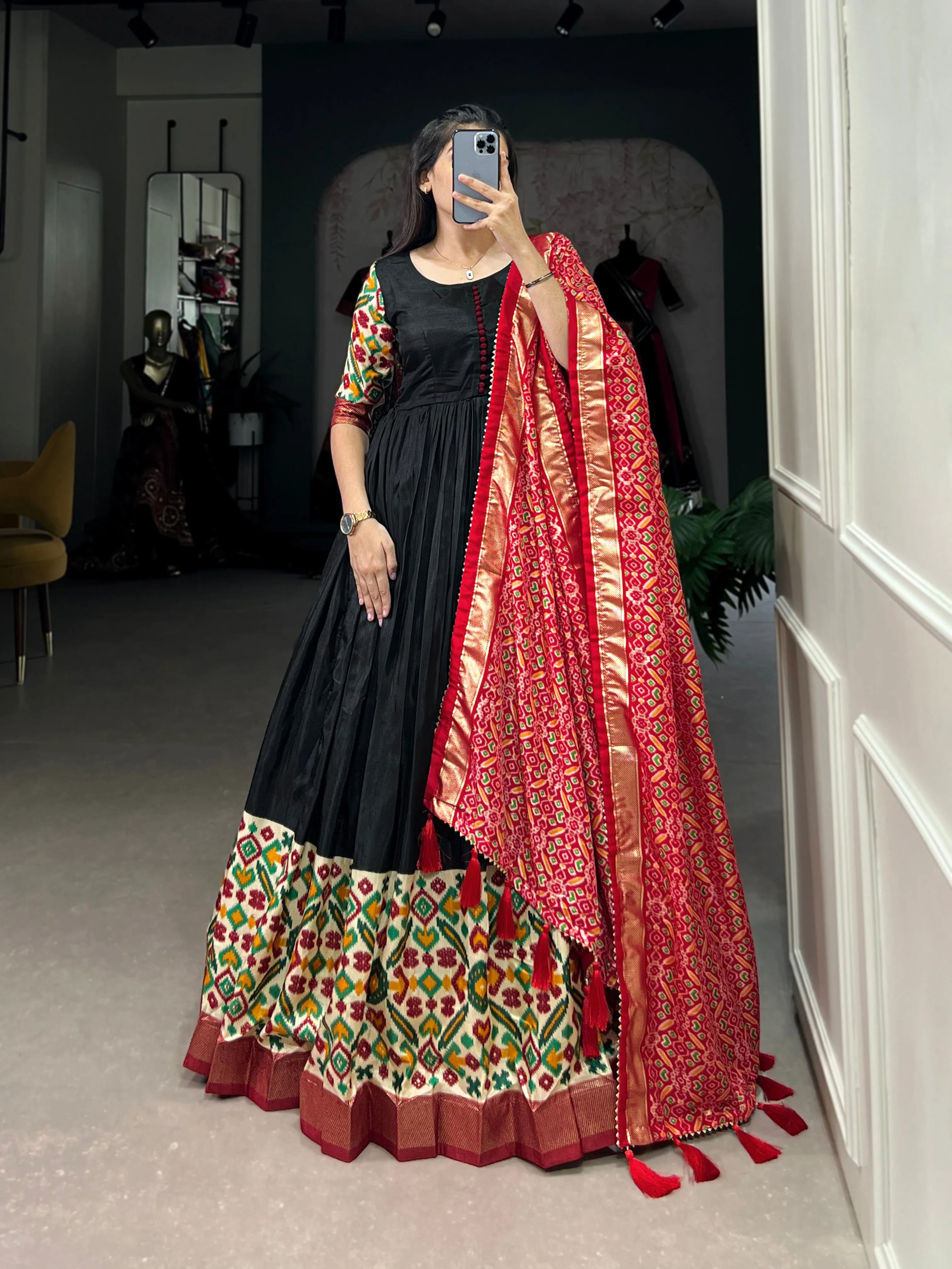 Black Pure Dola Silk Long Floor Length Printed With Foilwork Readymade Gown