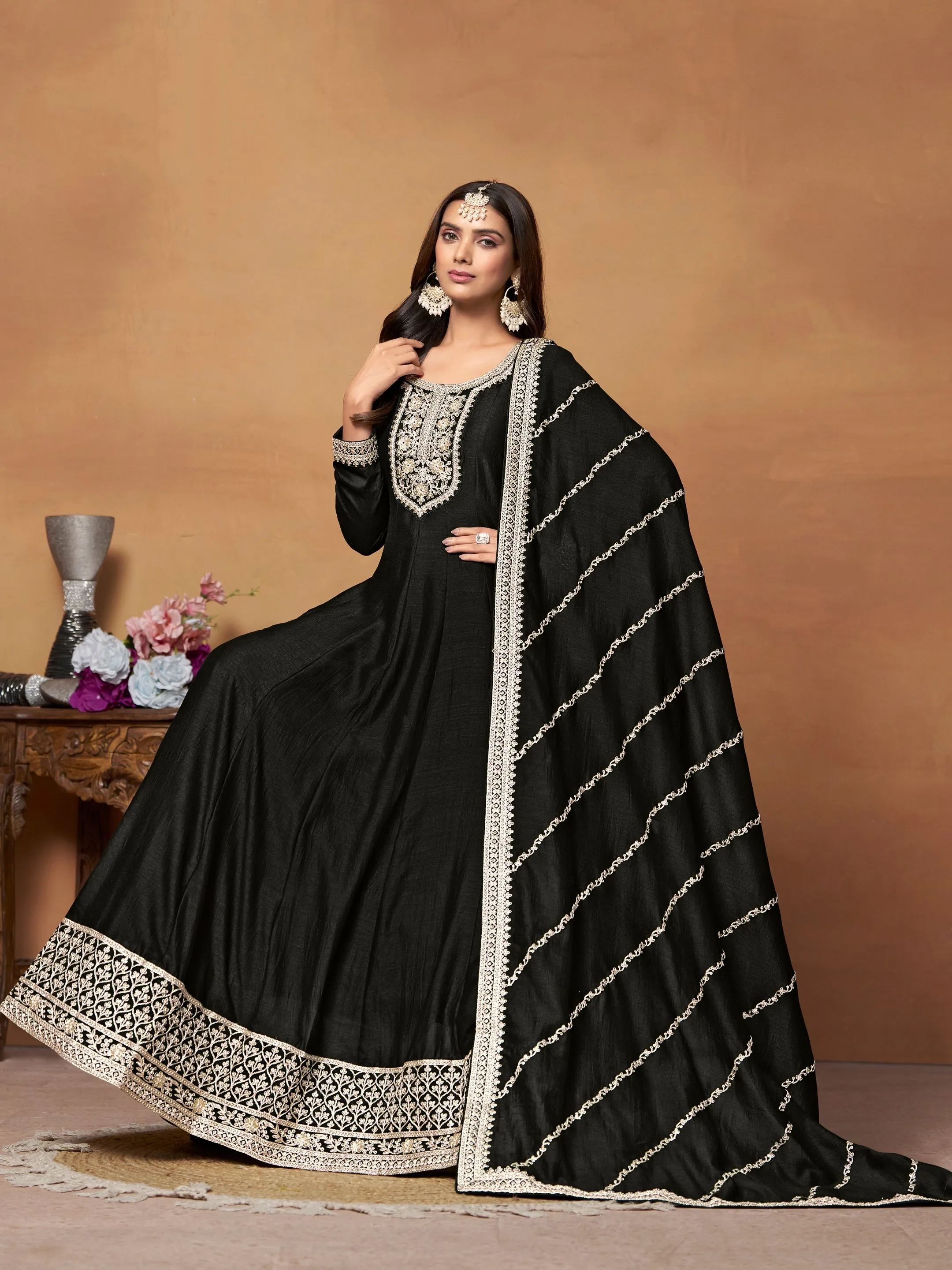 Black Pure Soft Art Silk Long Floor Length Embroidered Work Readymade Gown