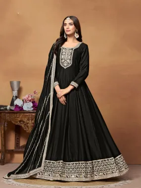 Black Pure Soft Art Silk Long Floor Length Embroidered Work Readymade Gown