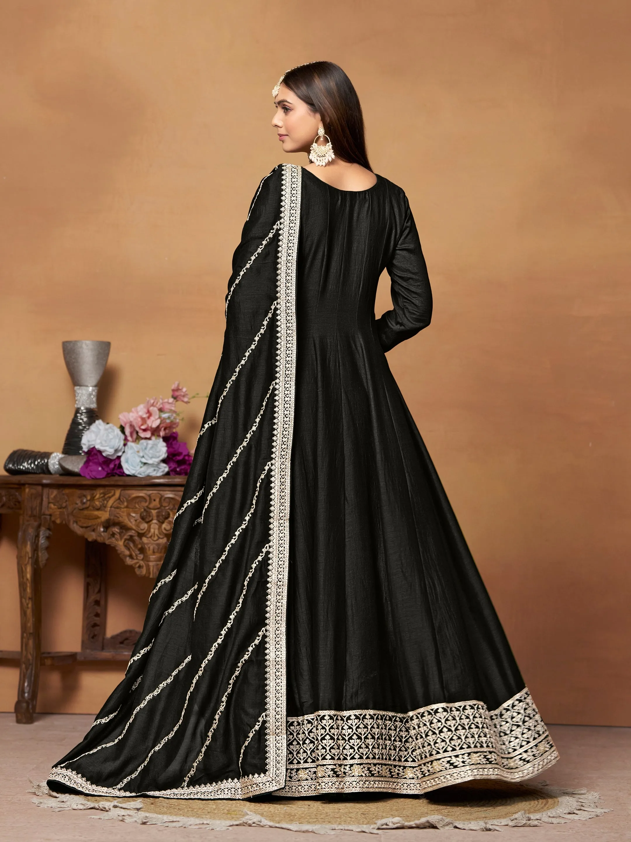 Black Pure Soft Art Silk Long Floor Length Embroidered Work Readymade Gown