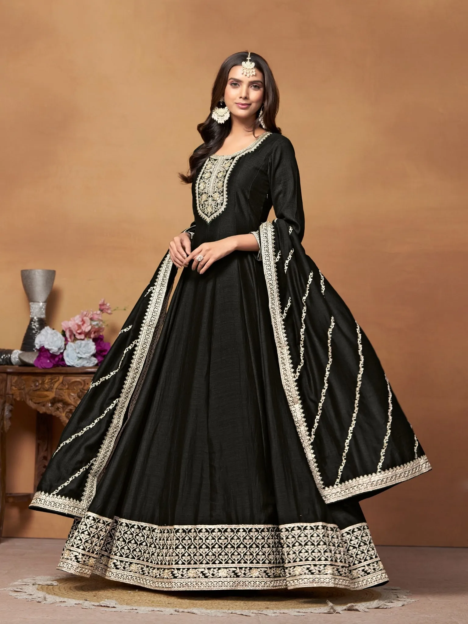 Black Pure Soft Art Silk Long Floor Length Embroidered Work Readymade Gown
