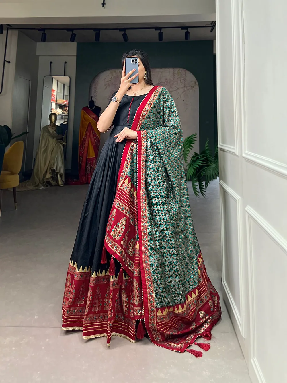 Black Pure Tussar Silk Long Floor Length Foil Print Readymade Gown