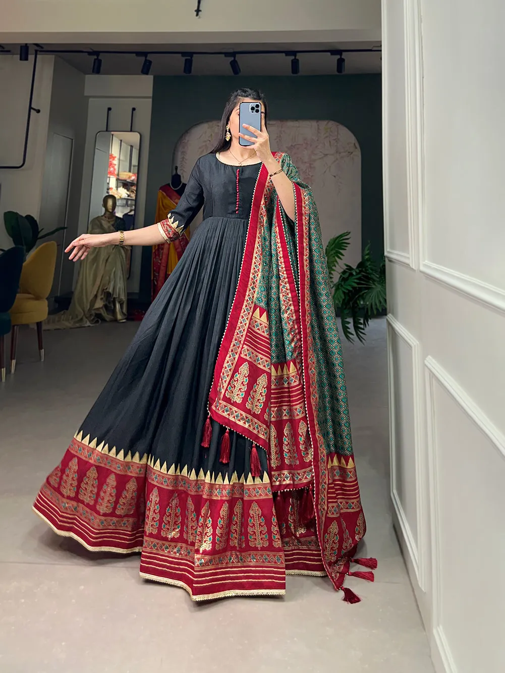 Black Pure Tussar Silk Long Floor Length Foil Print Readymade Gown