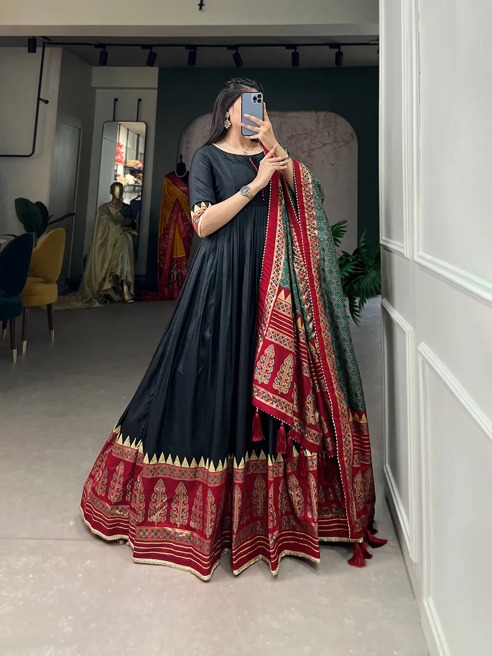 Black Pure Tussar Silk Long Floor Length Foil Print Readymade Gown