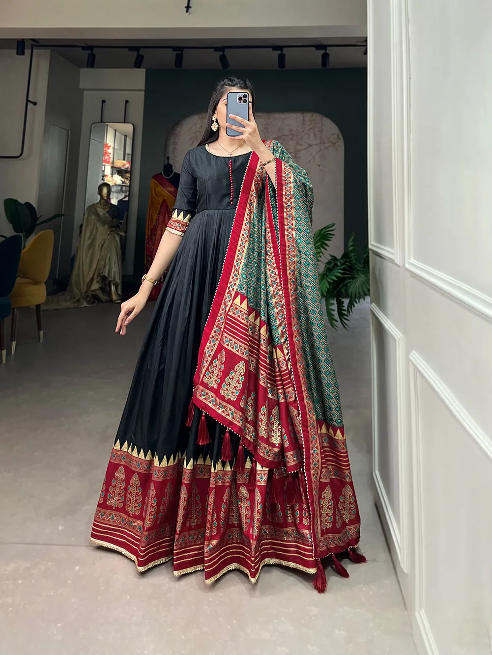 Black Pure Tussar Silk Long Floor Length Foil Print Readymade Gown
