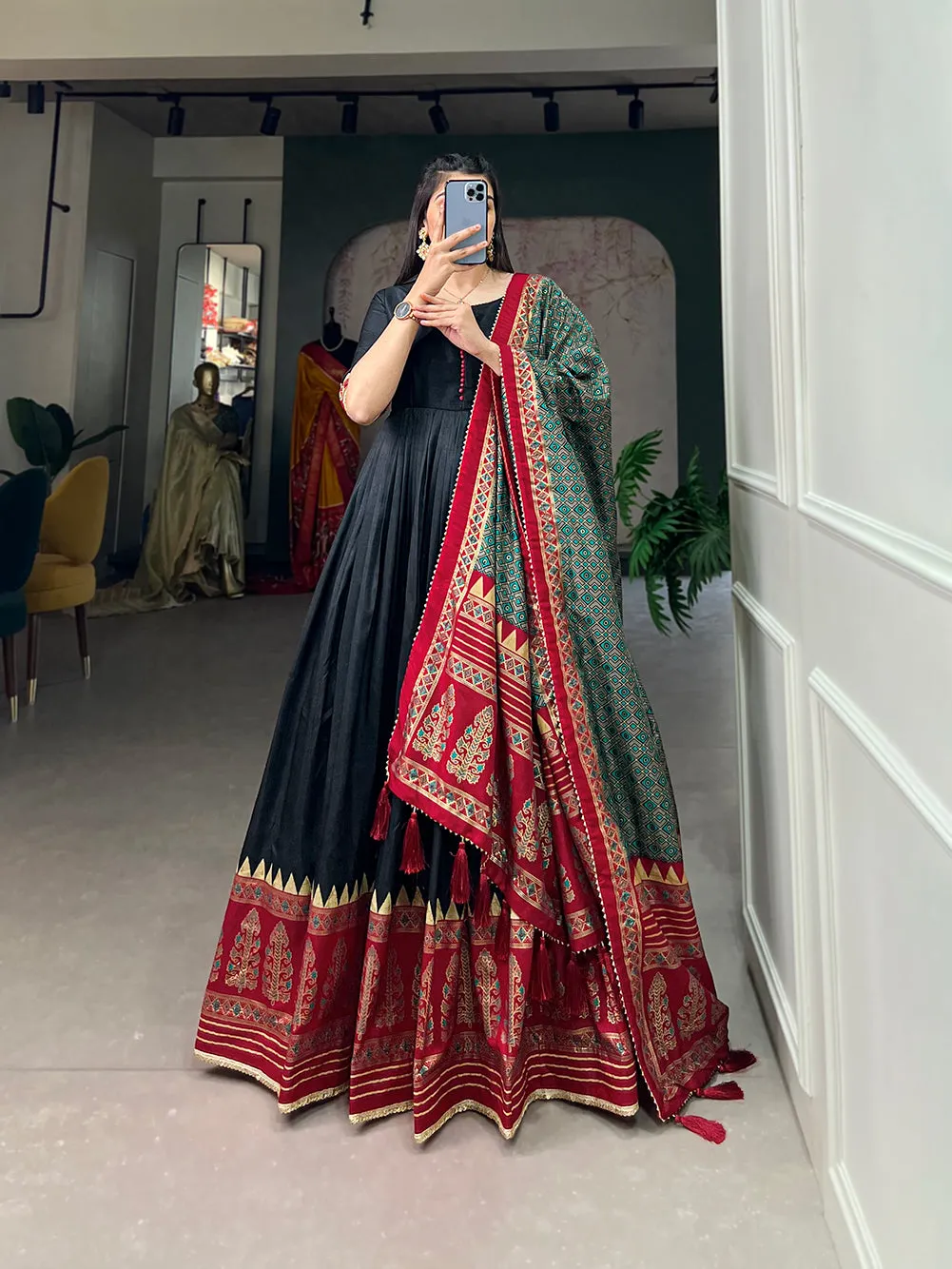 Black Pure Tussar Silk Long Floor Length Foil Print Readymade Gown