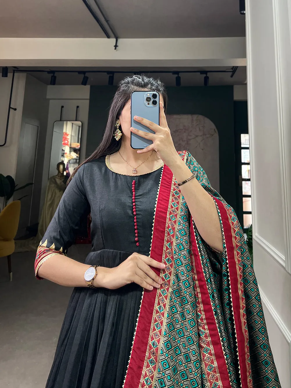 Black Pure Tussar Silk Long Floor Length Foil Print Readymade Gown