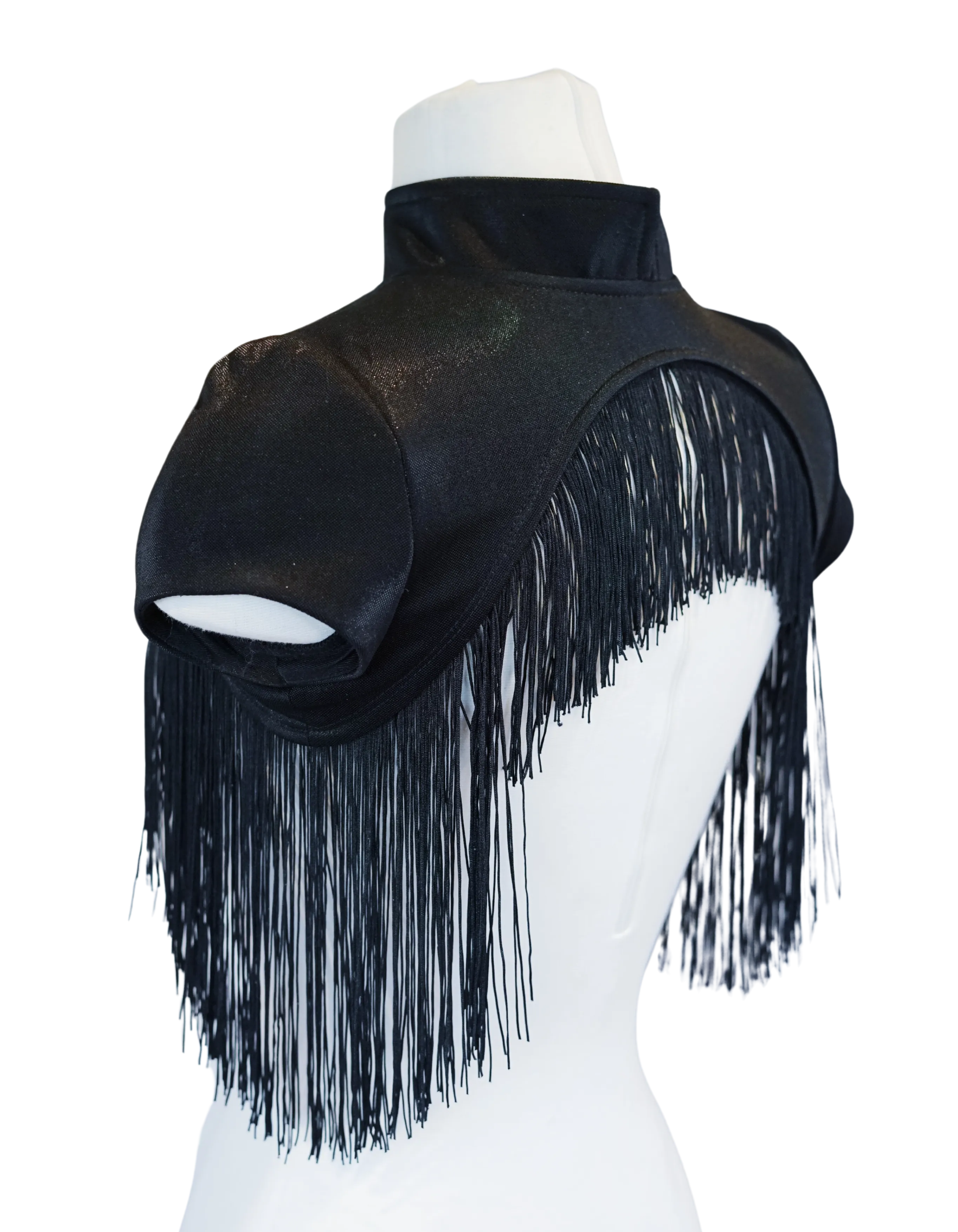 Black Short Sleeve Zip-Up Shrug with Fringe Trim
