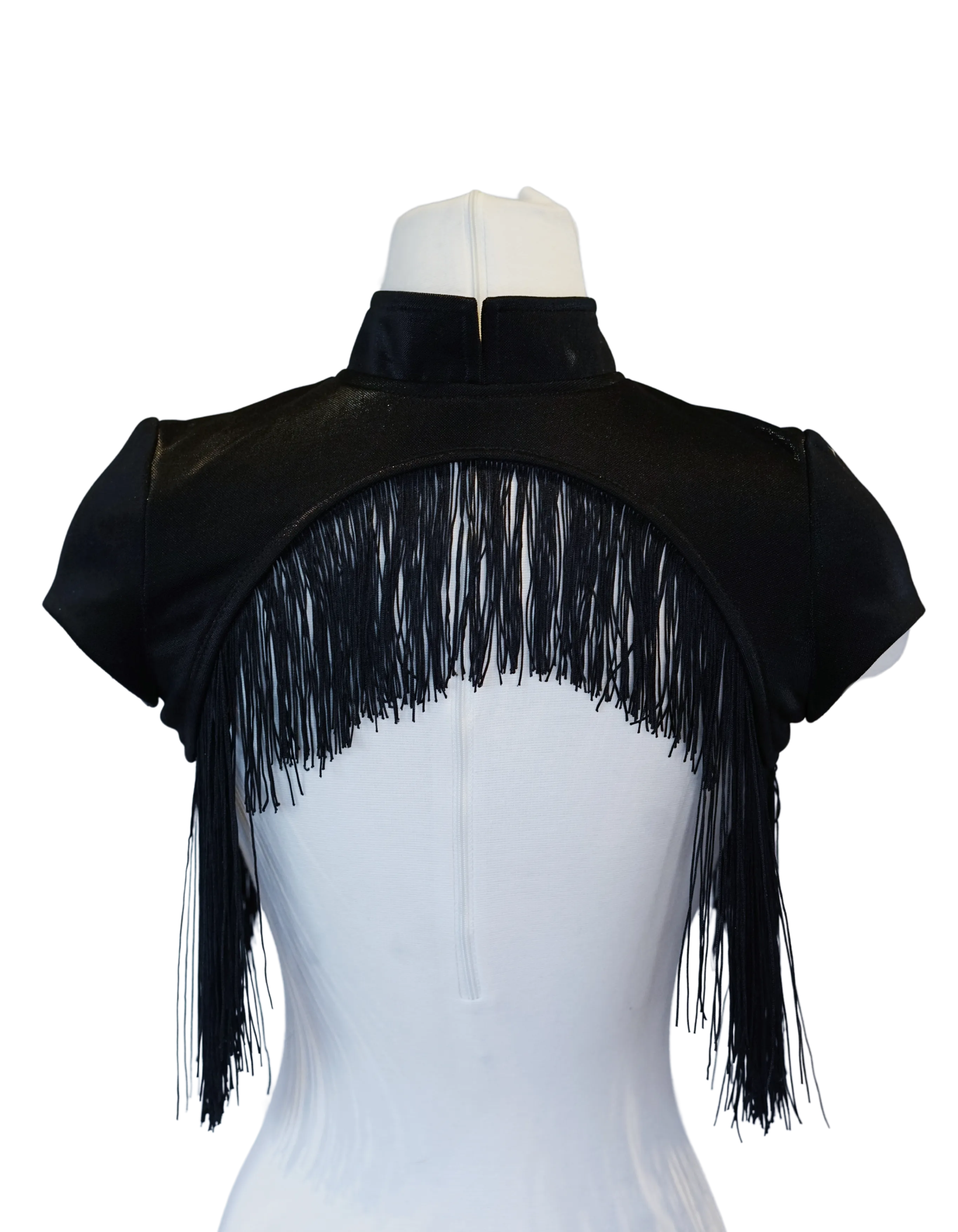 Black Short Sleeve Zip-Up Shrug with Fringe Trim