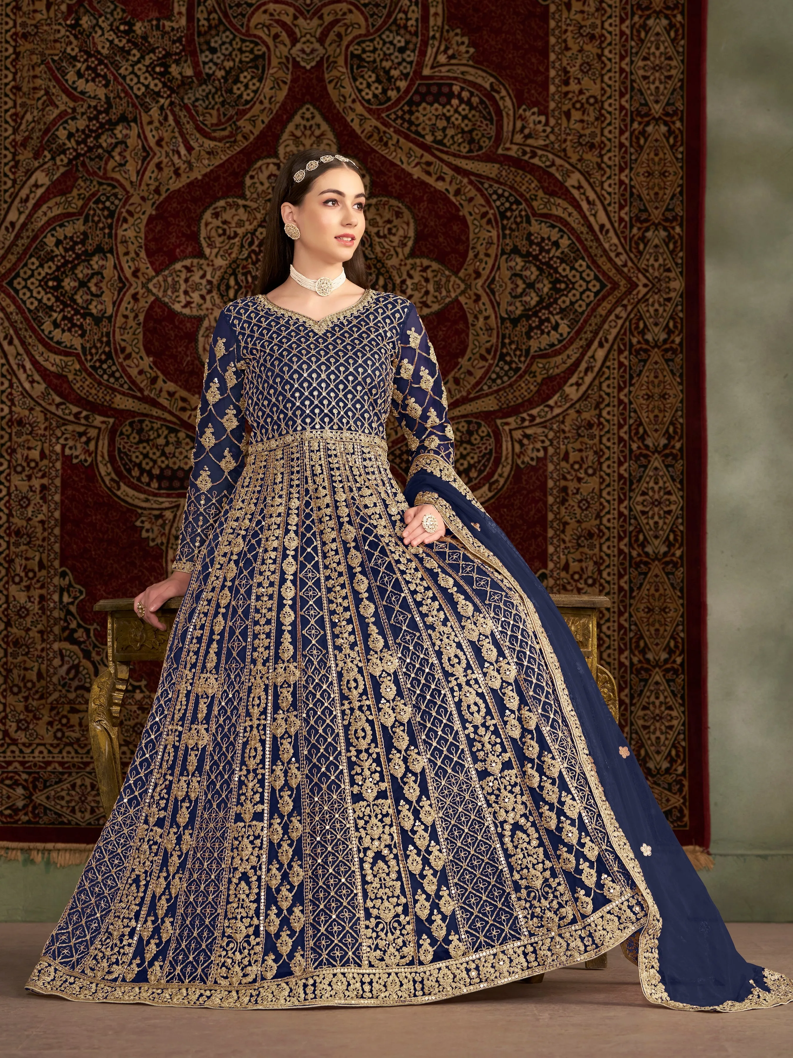 Blue Colour Pure Soft Net Silk Long Floor Length Embroidered Work Readymade Gown
