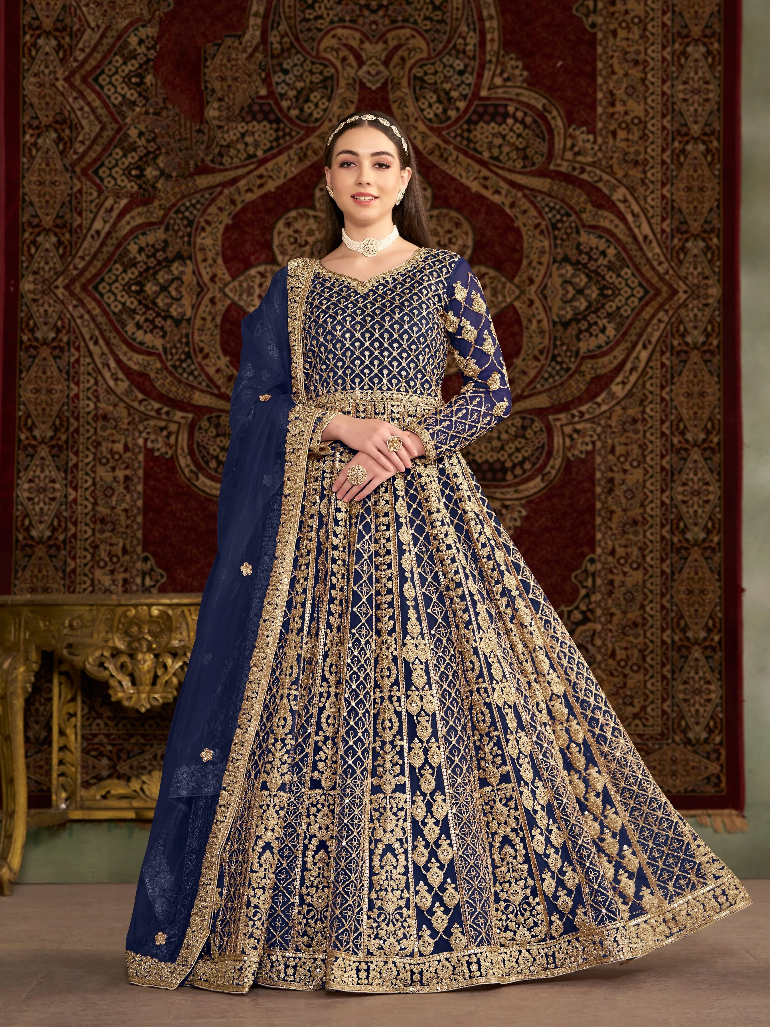Blue Colour Pure Soft Net Silk Long Floor Length Embroidered Work Readymade Gown