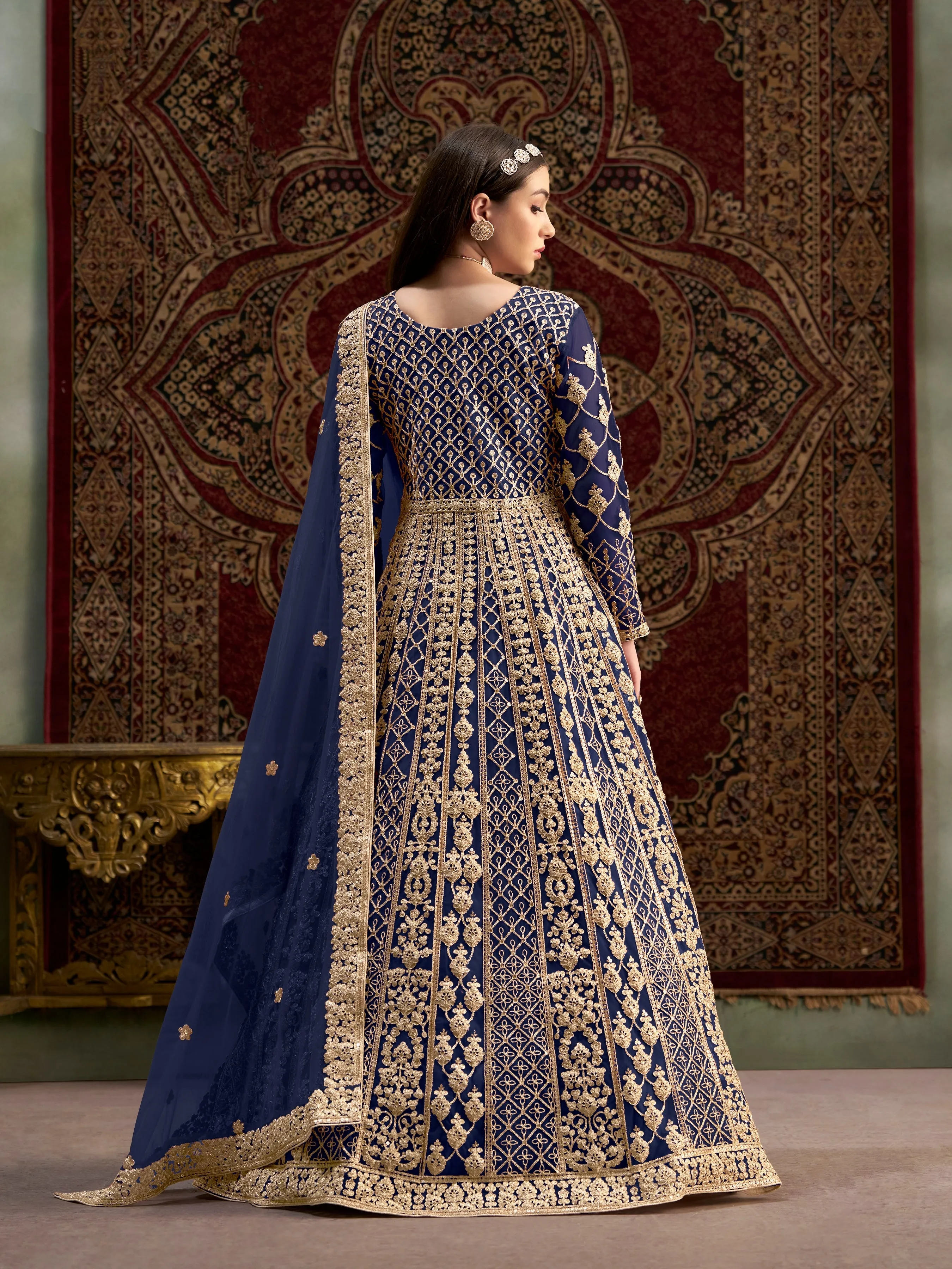 Blue Colour Pure Soft Net Silk Long Floor Length Embroidered Work Readymade Gown