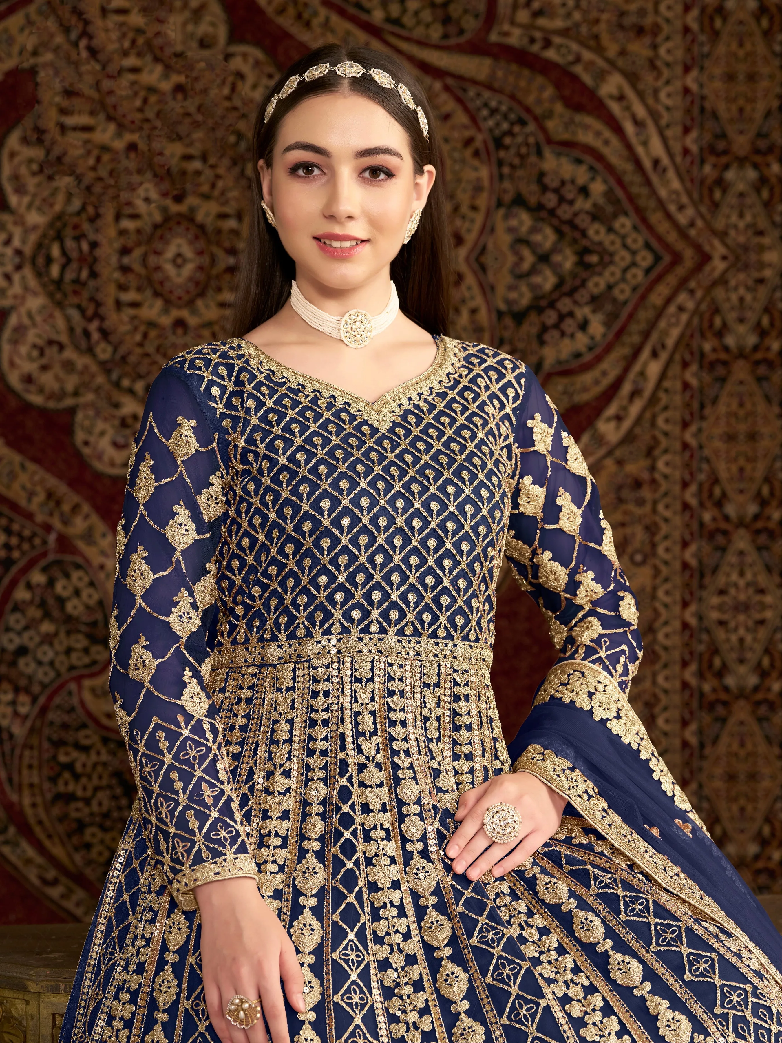 Blue Colour Pure Soft Net Silk Long Floor Length Embroidered Work Readymade Gown