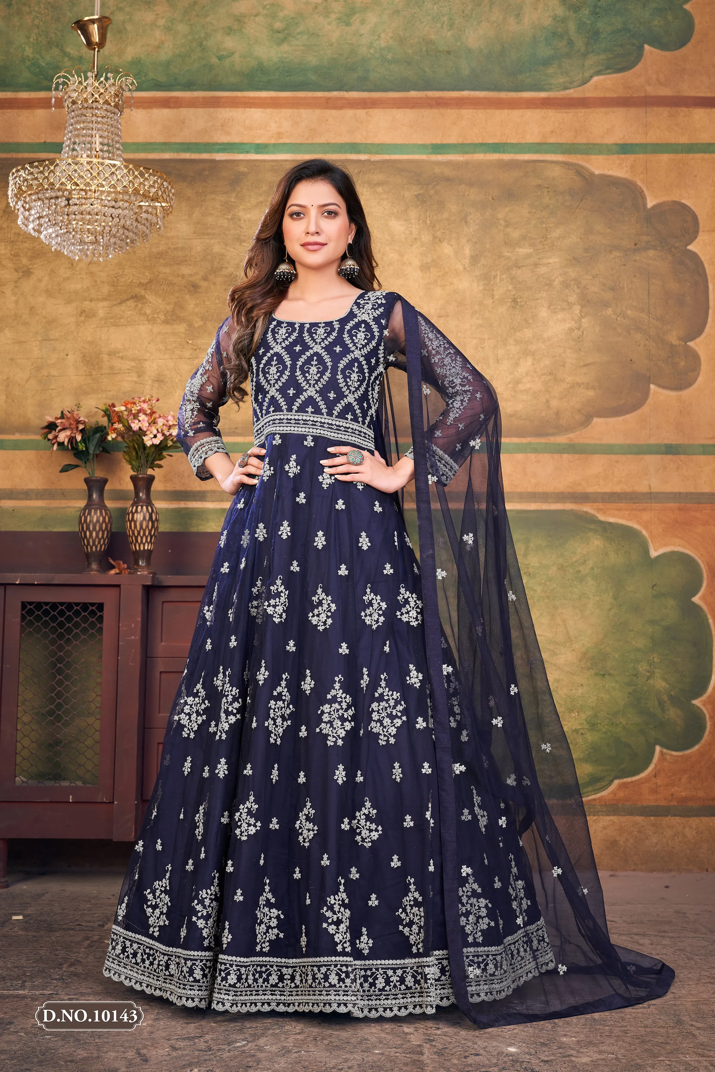 Blue Pure Soft Net Long Floor Length Embroidered Work Readymade Gown
