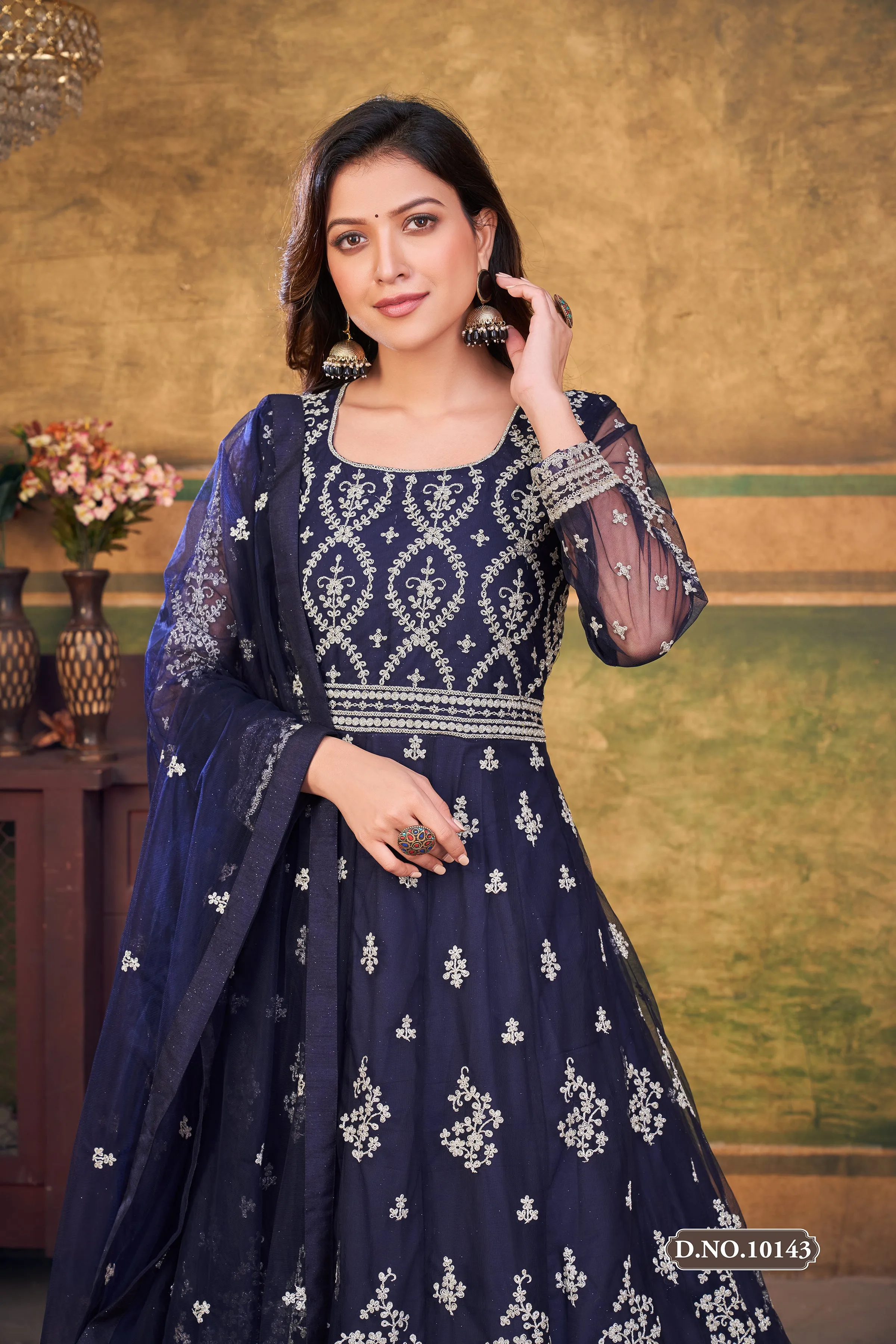 Blue Pure Soft Net Long Floor Length Embroidered Work Readymade Gown