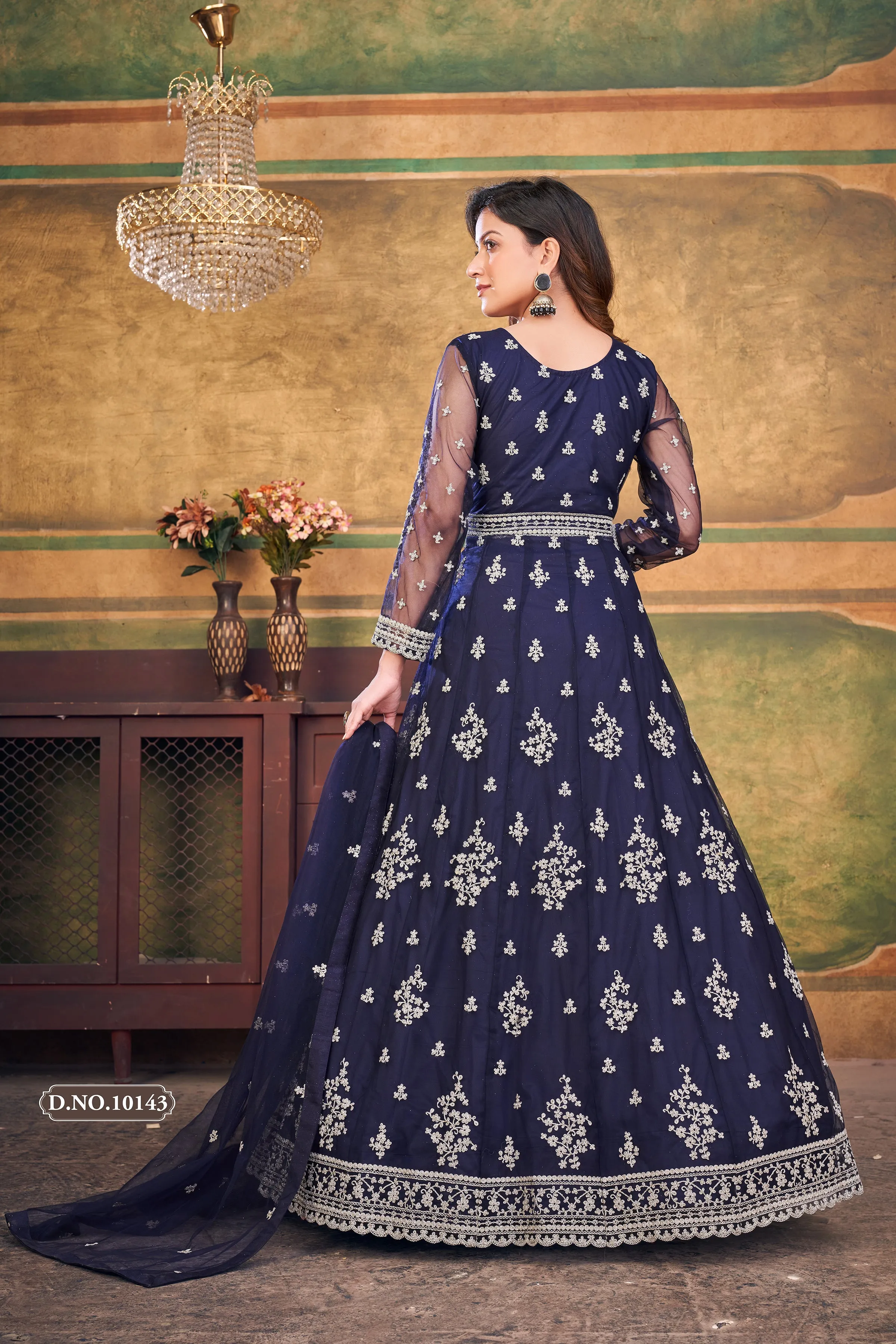 Blue Pure Soft Net Long Floor Length Embroidered Work Readymade Gown