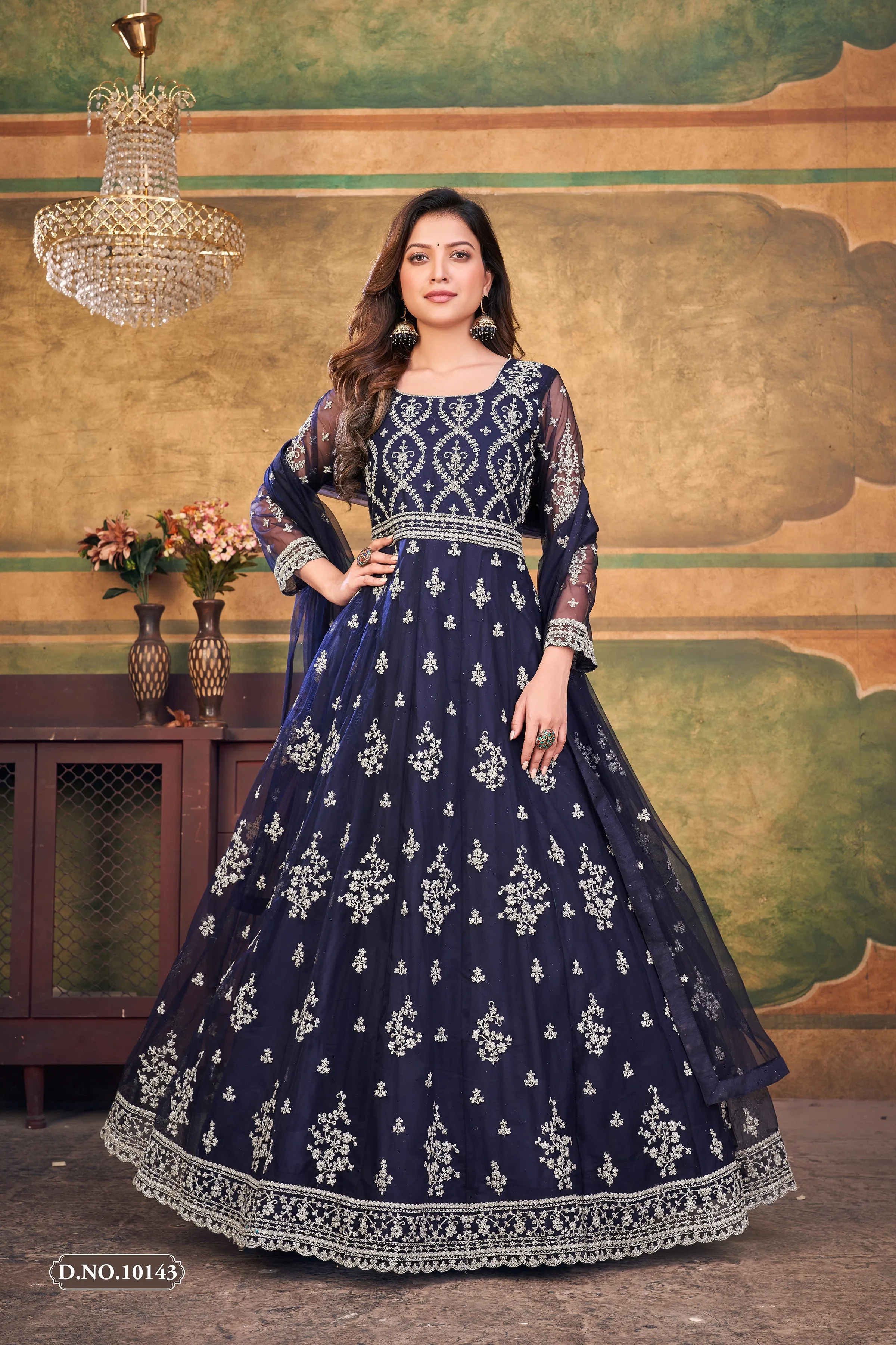 Blue Pure Soft Net Long Floor Length Embroidered Work Readymade Gown
