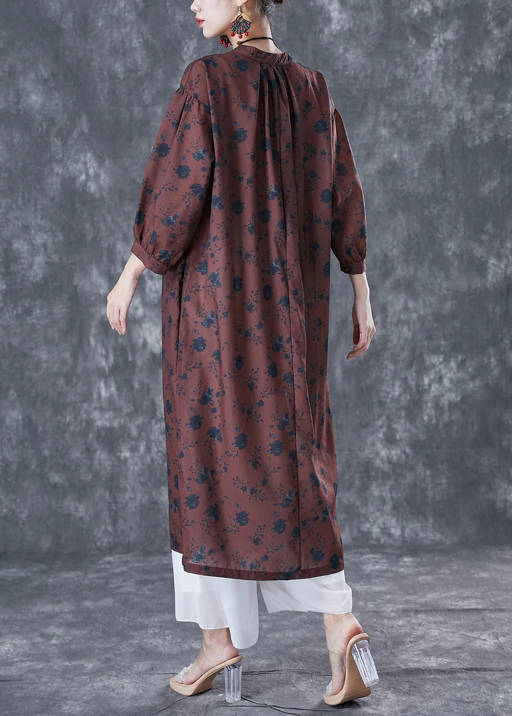 Bohemian Chocolate Oversized Print Linen Maxi Dresses Bracelet Sleeve LY5014