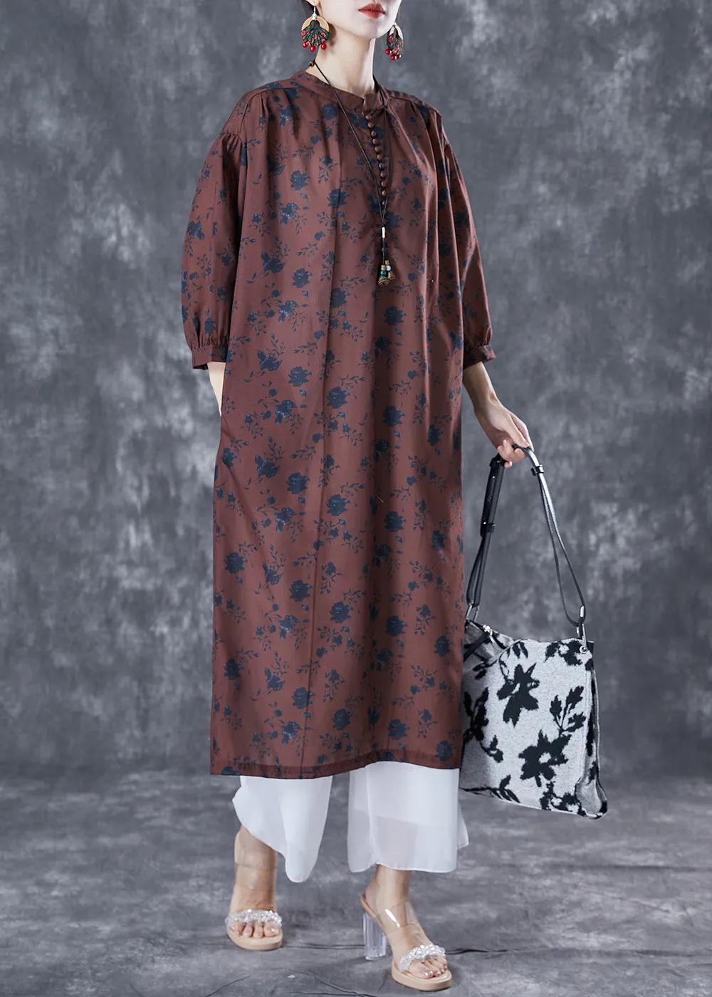 Bohemian Chocolate Oversized Print Linen Maxi Dresses Bracelet Sleeve LY5014