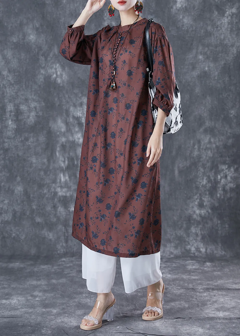 Bohemian Chocolate Oversized Print Linen Maxi Dresses Bracelet Sleeve LY5014