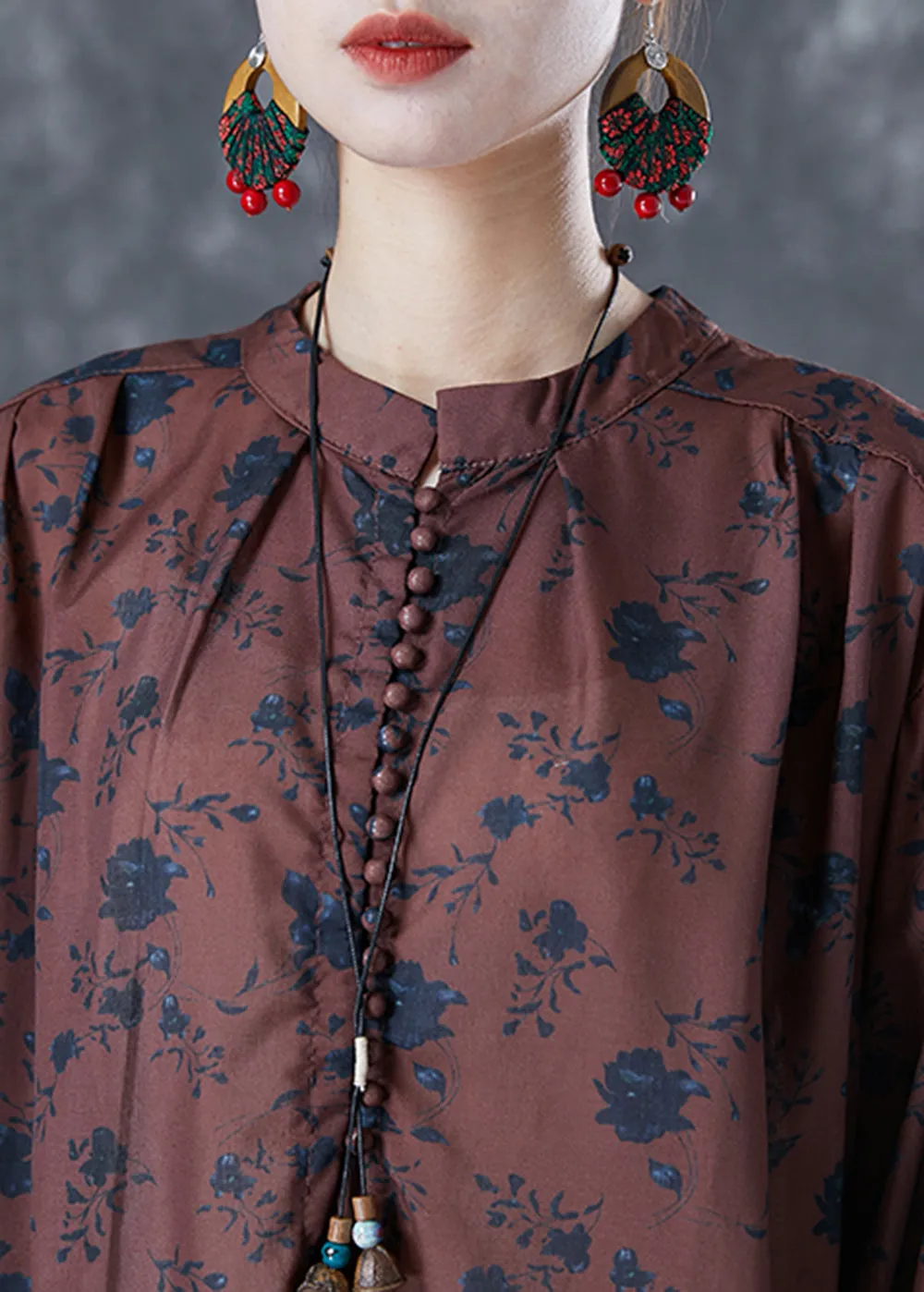 Bohemian Chocolate Oversized Print Linen Maxi Dresses Bracelet Sleeve LY5014