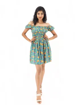 Bohemian Gypsy Hippy Rayon Light Weight Short Dress Green Floral S-M-L