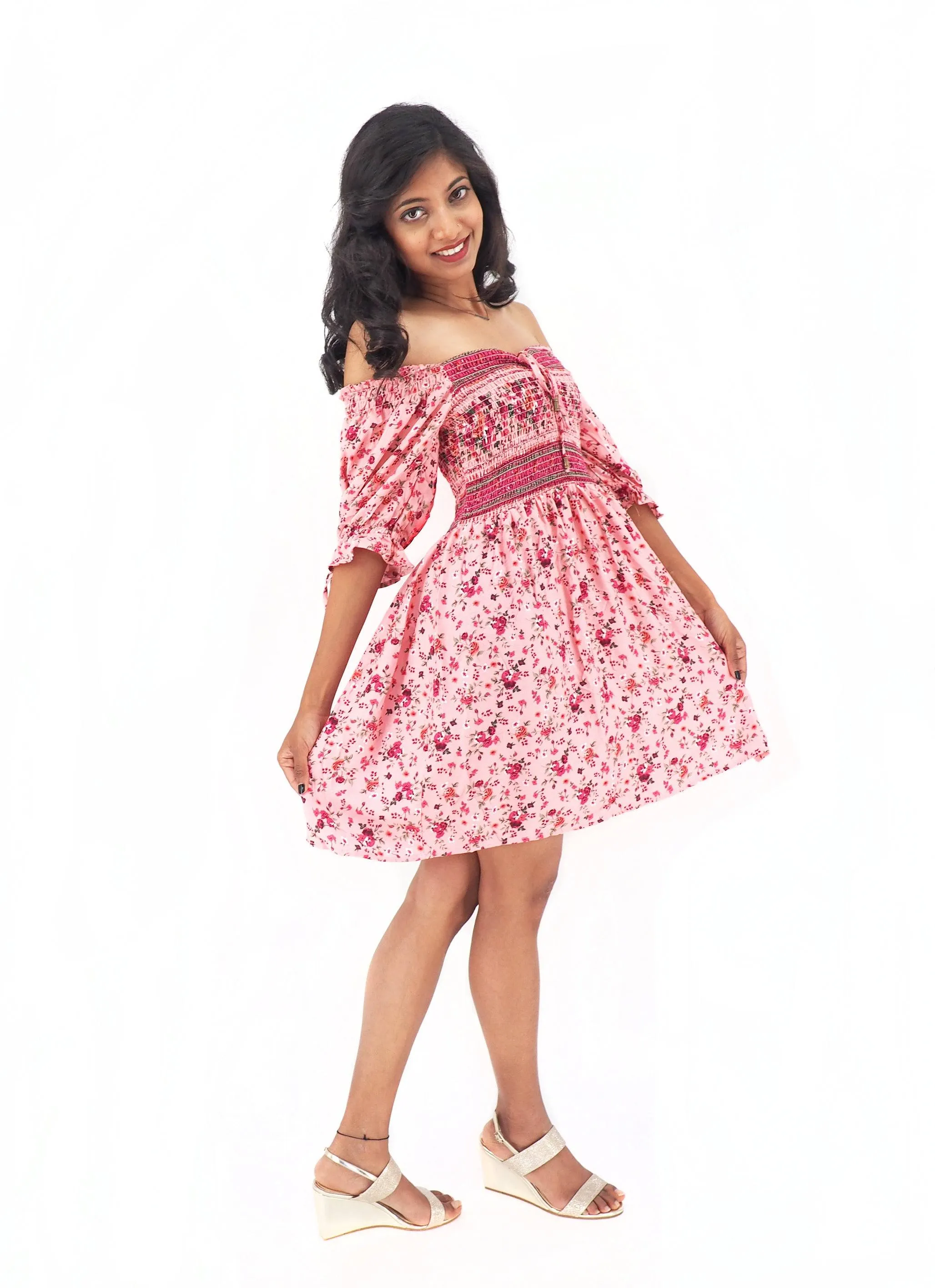 Bohemian Gypsy Hippy Rayon Light Weight Short Dress Pink S-M-L