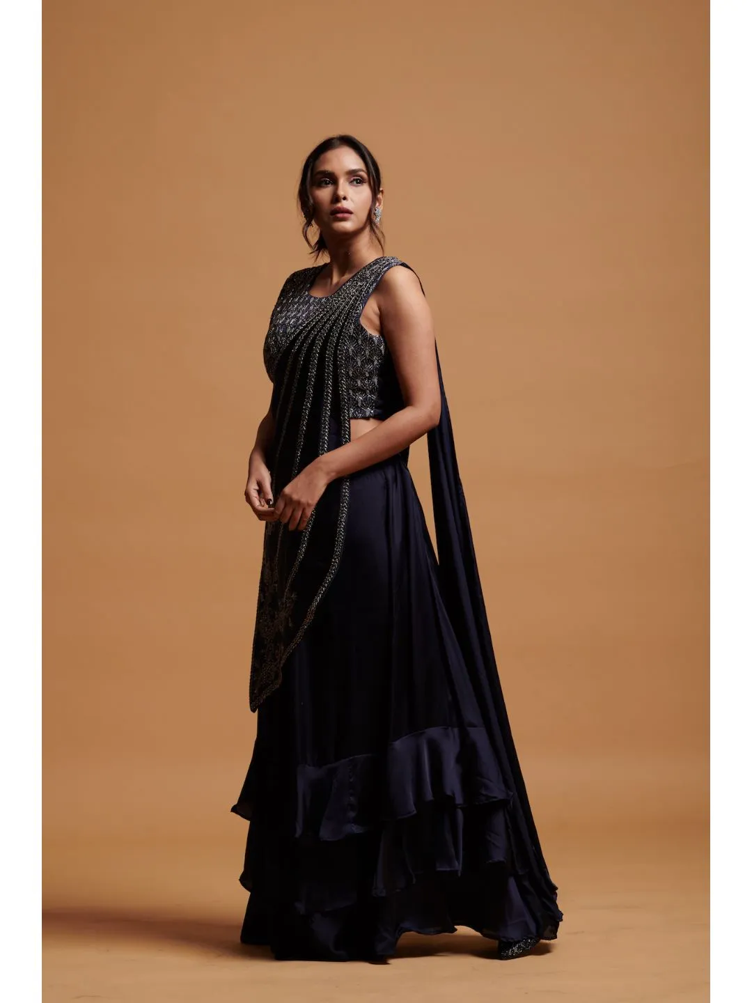 Bold Dark Blue Crepe Silk Evening Gown With Bead Work