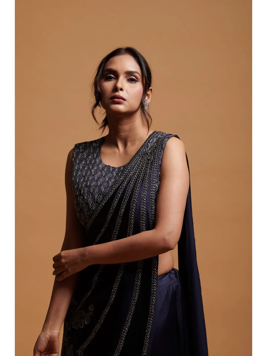 Bold Dark Blue Crepe Silk Evening Gown With Bead Work
