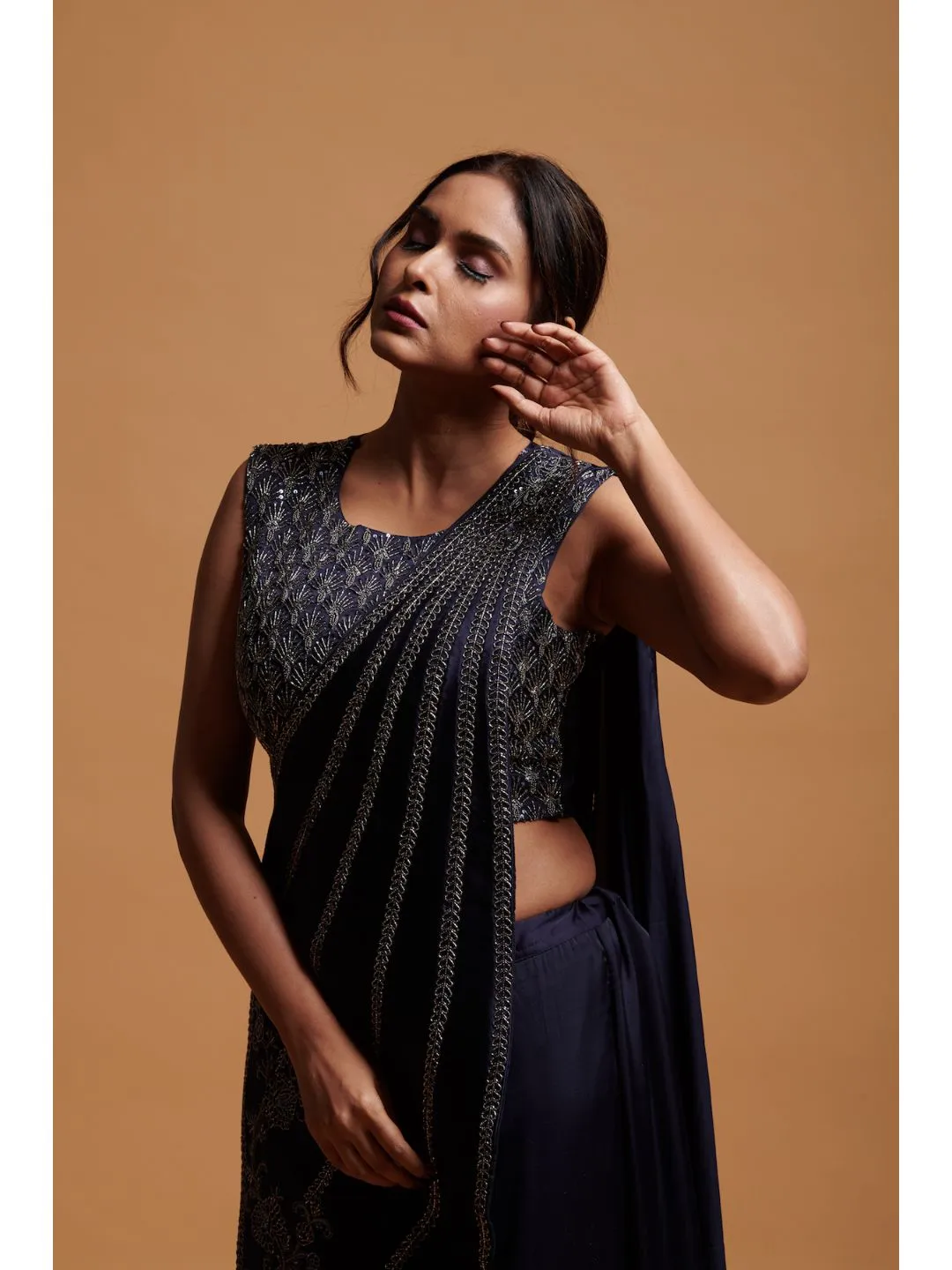 Bold Dark Blue Crepe Silk Evening Gown With Bead Work