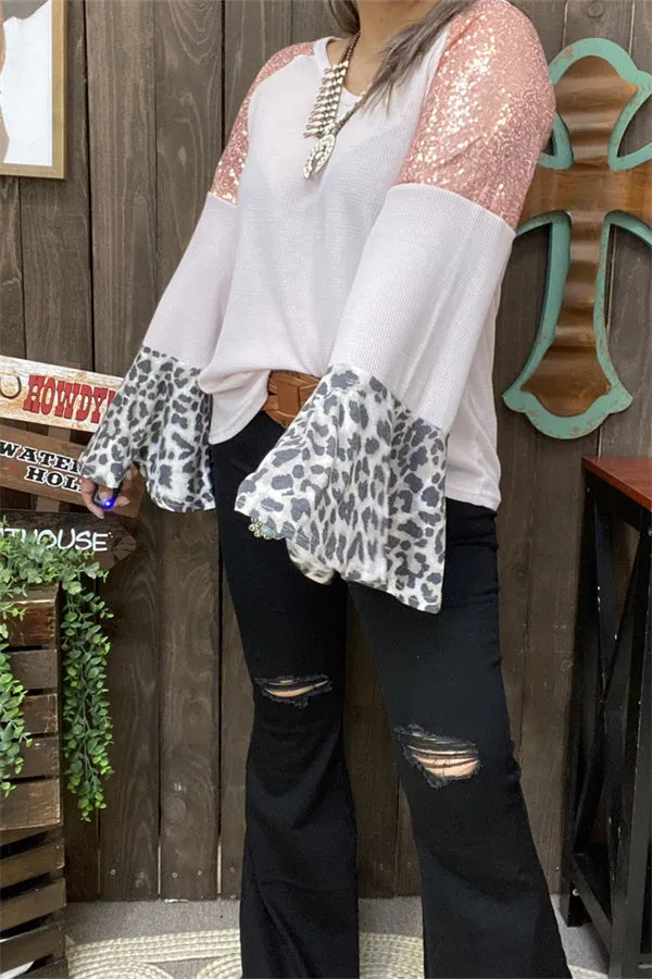 BQ13928 Leopard/ Coral sequin bell raglan long sleeve women light pink blouse (DS2)
