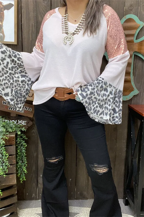 BQ13928 Leopard/ Coral sequin bell raglan long sleeve women light pink blouse (DS2)