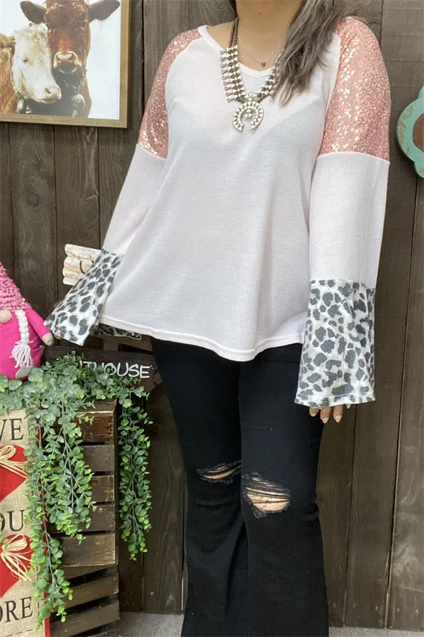 BQ13928 Leopard/ Coral sequin bell raglan long sleeve women light pink blouse (DS2)