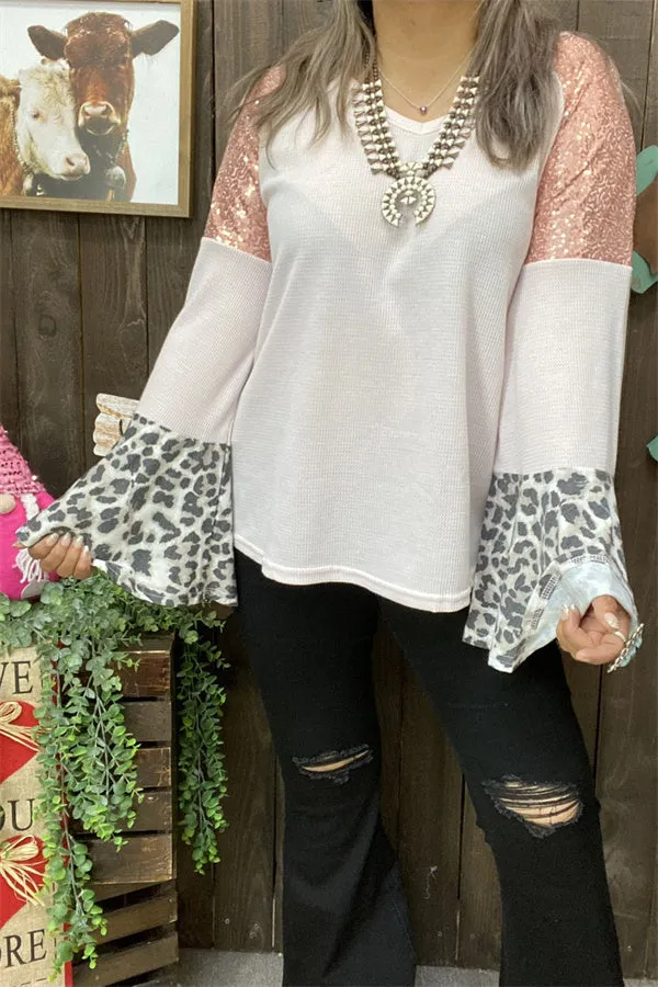 BQ13928 Leopard/ Coral sequin bell raglan long sleeve women light pink blouse (DS2)