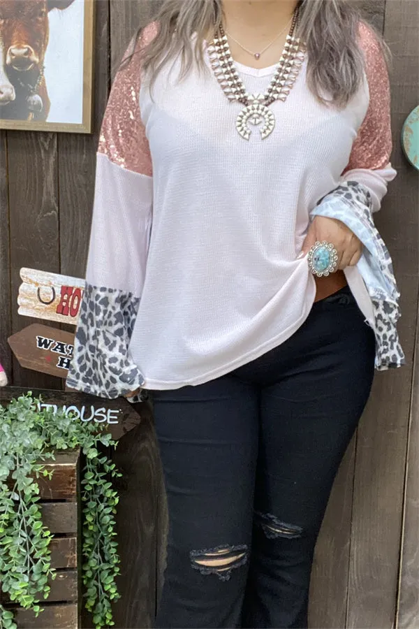 BQ13928 Leopard/ Coral sequin bell raglan long sleeve women light pink blouse (DS2)